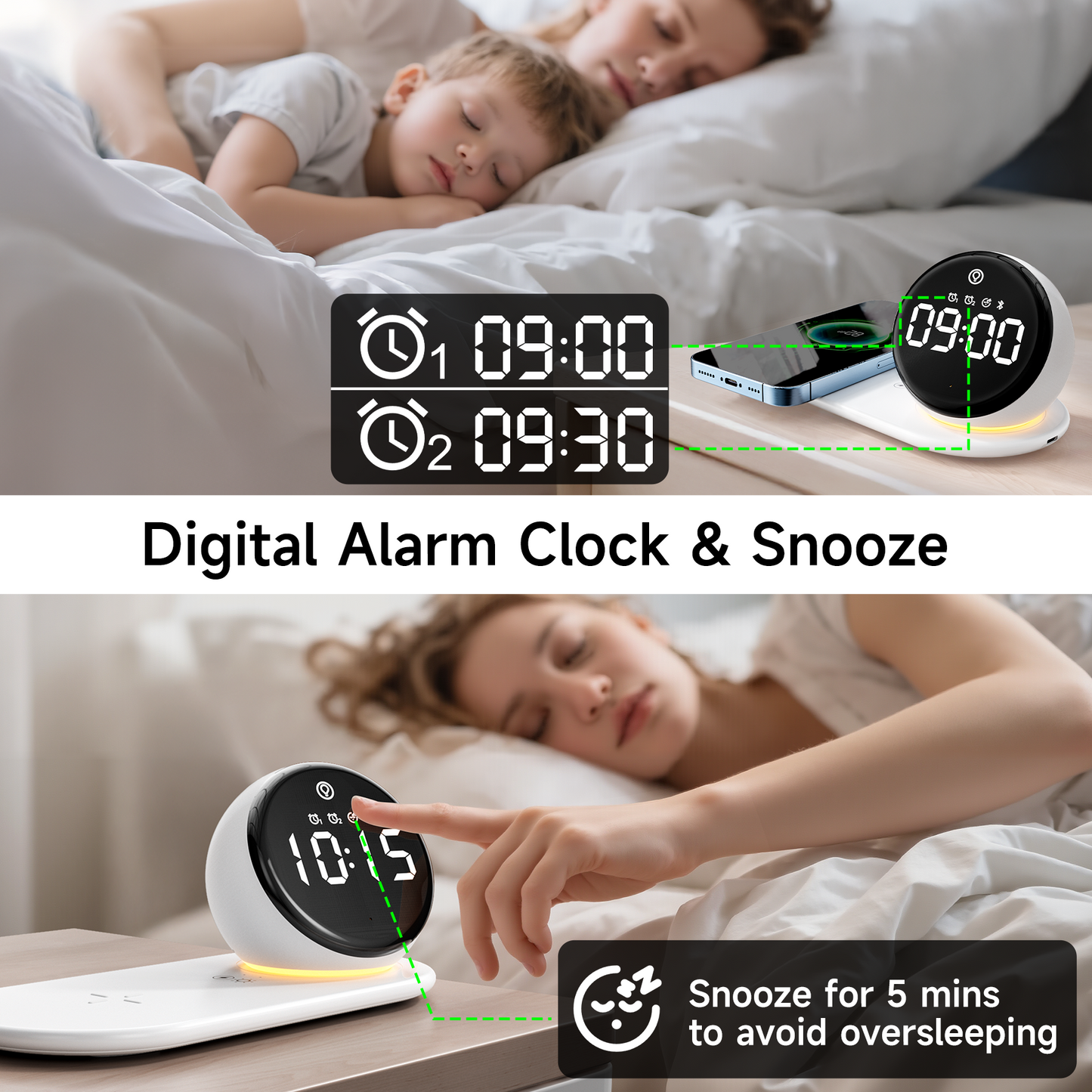 VEATOOL Digital Alarm Clock,15W Fast Wireless Charger,Bluetooth Speaker,Night Lights,20 White Noise Sounds,3 Level Dimmable Touch Table Lamp with Snooze,Gift Ideas for Teens Heavy Sleepers Adults