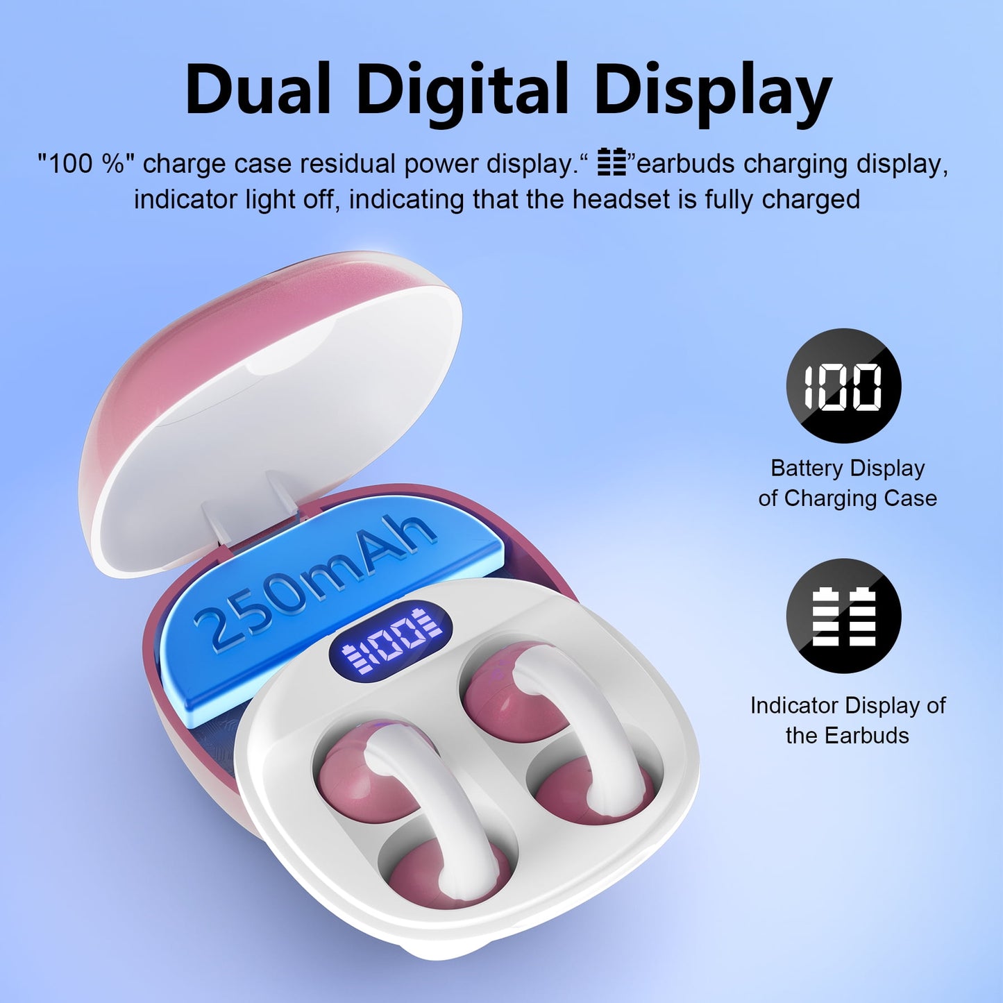VEAT00L Open-Ear Headphones, Wireless Clip On Earbuds with Digital Display Charging Case 30 Hours Playtime, Lightweight Comfort, Stable Fit, Open-Ear Safety Design for Active and Office Use