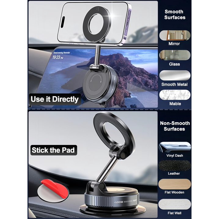 Upgraded 360° Vacuum Magnetic Phone Holder, Magnetic Car Phone Mount, Hands-Free Suction Cup Phone Holder for Car/Gym/Mirror/Shower, Car Mount Compatible with iPhone 16 Pro Max/Android
