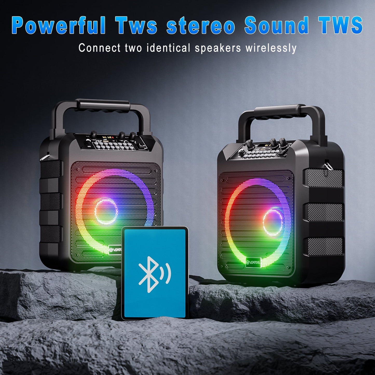VEATOOL Karaoke Machine, Portable Bluetooth Speaker with 2 Wireless Microphones, PA System for Adults Kids with LED Lights, Supports REC/AUX/USB/TF for Home Party