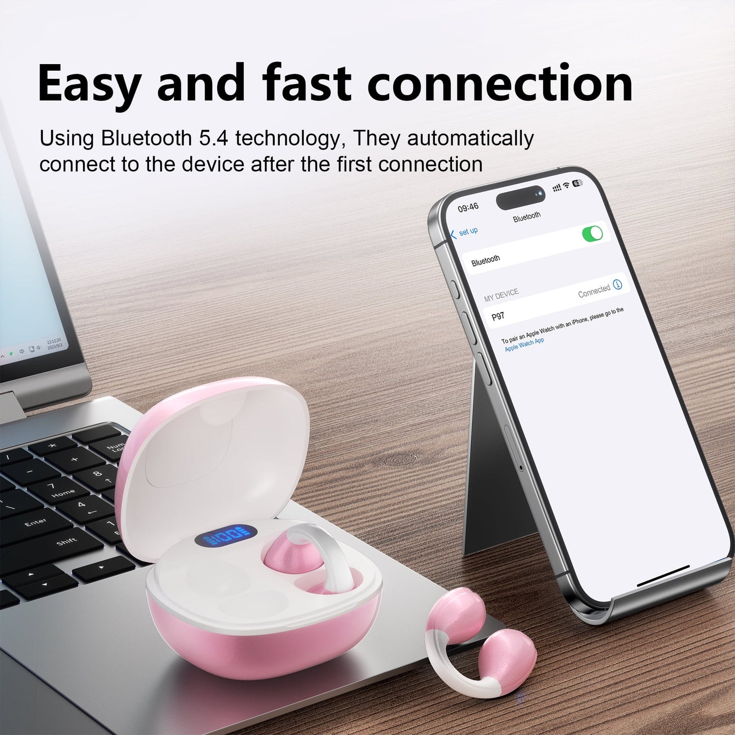 VEAT00L Open-Ear Headphones, Wireless Clip On Earbuds with Digital Display Charging Case 30 Hours Playtime, Lightweight Comfort, Stable Fit, Open-Ear Safety Design for Active and Office Use