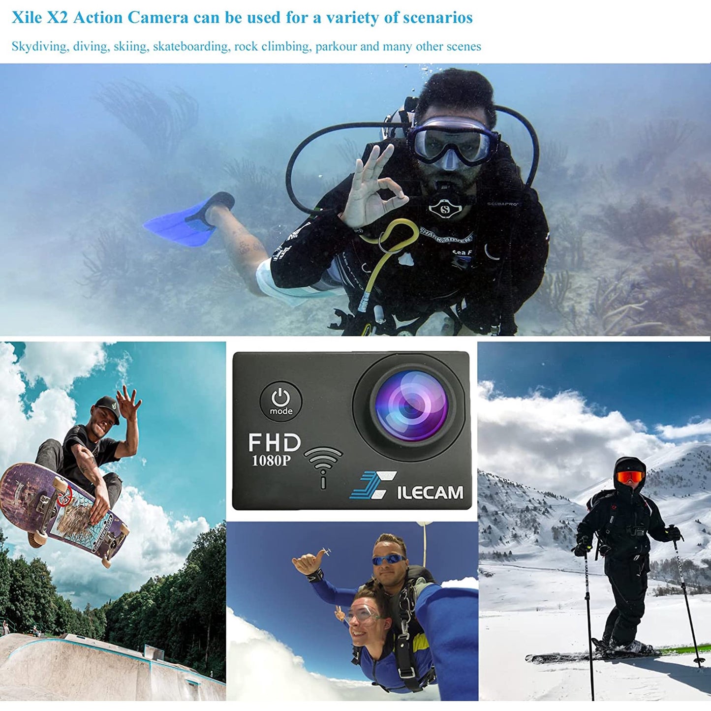 Action Camera 1080P 30fps WiFi Action Camera HD 2.0 Inch Action Camera 40m/131ft Underwater Waterproof Snorkel Surf Camera with 2 Batteries and Multi-Function Accessory (1080P)
