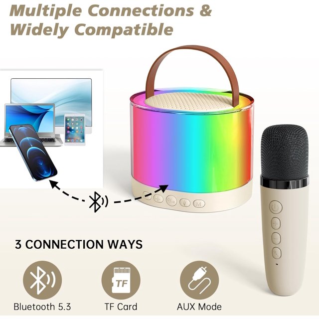XANLUOER Mini Karaoke Machine for Kids,Portable Bluetooth Speaker with 2 Wireless Microphones,Ideal Musical Present for Children,Great Birthday Present for 4, 5, 6, 7, 8+ Years Old Girls&Boys(Beige)