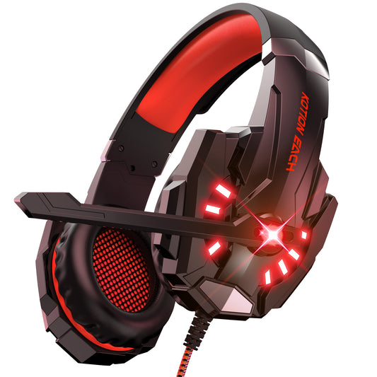 Gaming headset, over-ear design, RGB lighting, noise cancellation, long battery life, multi-device compatibility.