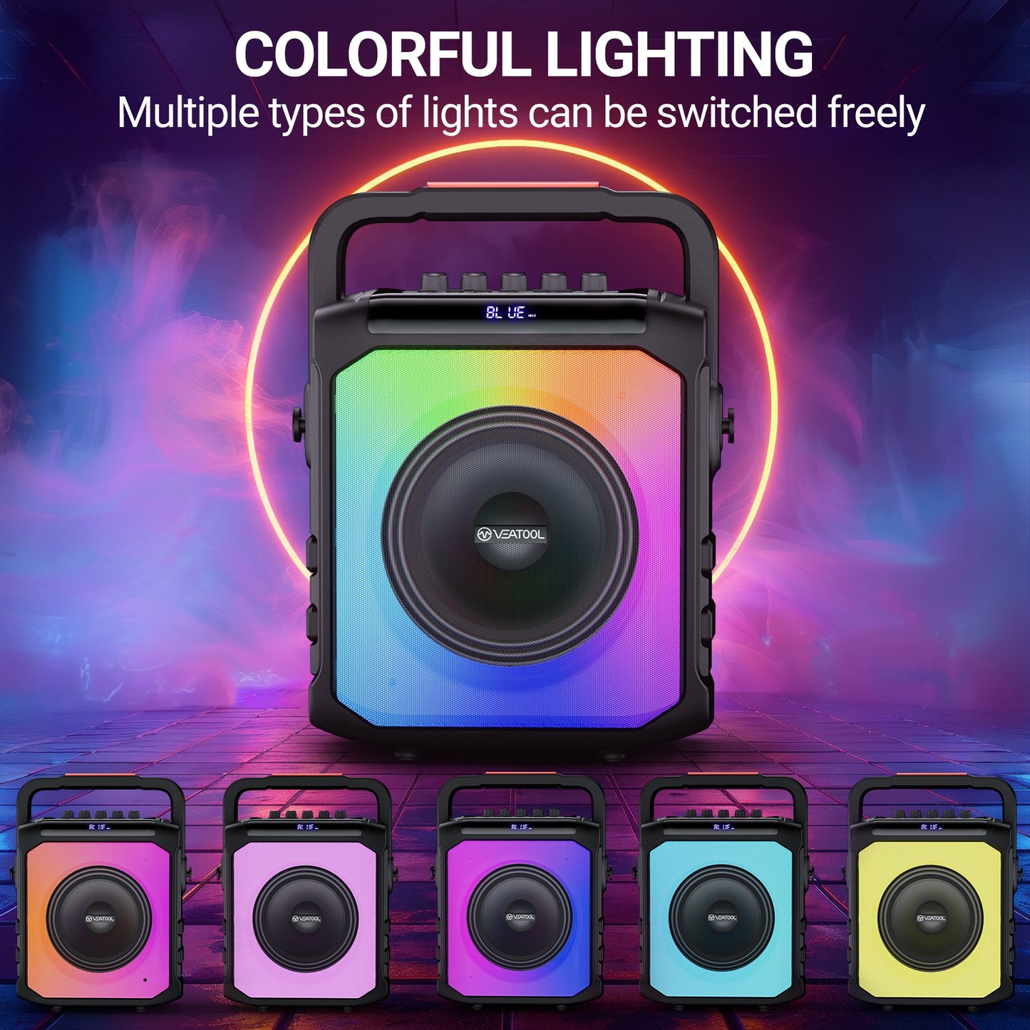 VEATOOL Karaoke Machine with Two Wireless Microphones, Portable Bluetooth Speaker with Bass/Treble Adjustment, PA System with Remote Control, Supports TF Card/USB, AUX in, REC, Party/Meeting/Outdoor