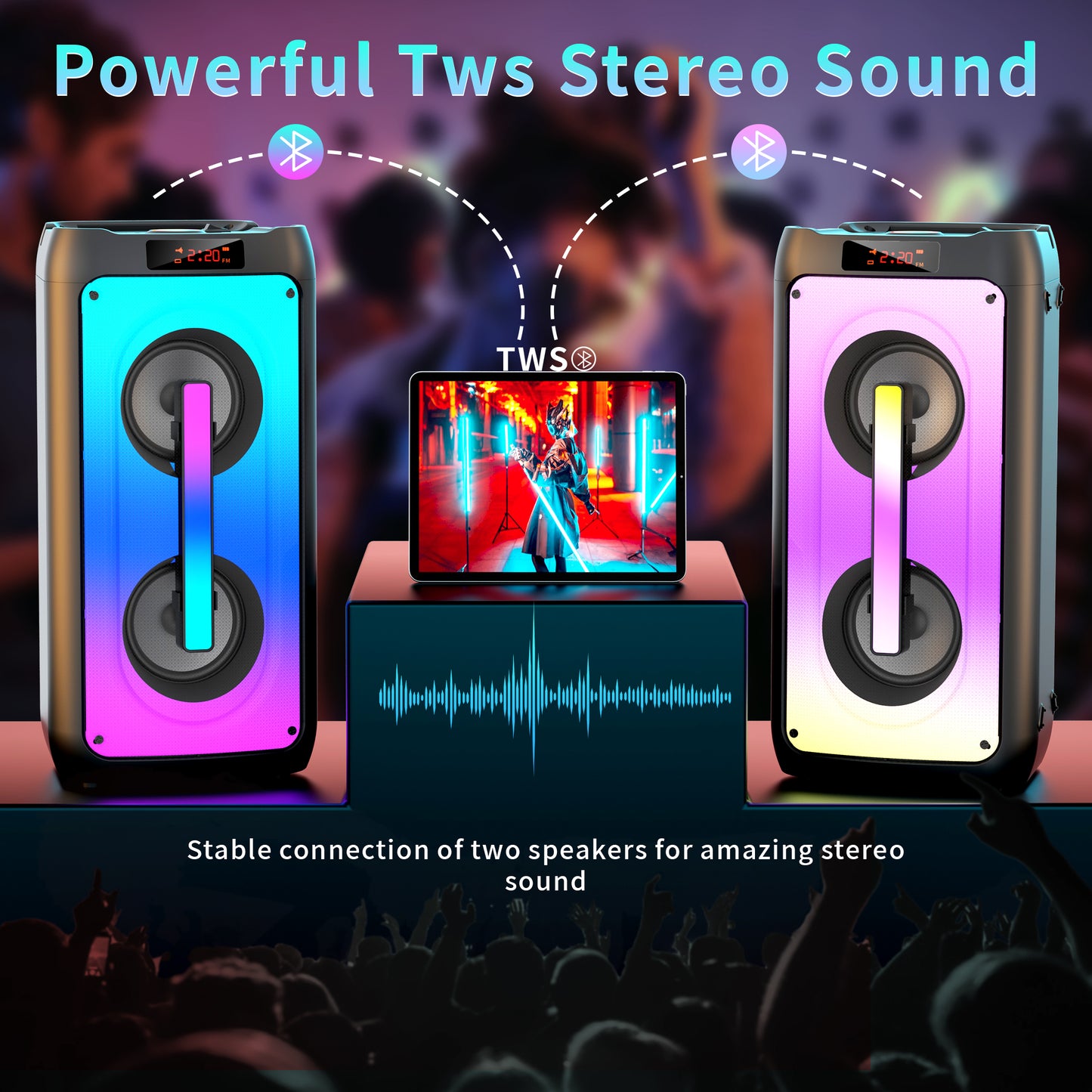 Karaoke Machine with 2 Wireless Karaoke Microphones, Portable Karaoke Speaker with Dual 4-inch woofers, omnidirectional Sound and RGB Colorful Light