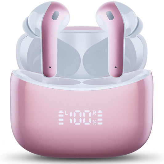 VEATOOL X15 Wireless Earbuds Bluetooth 5.2 Headphones,35H Hi-Fi Stereo Deep Bass Earphones with Noise Cancelling Mic IP7 Waterproof Sport Headset with LED Power Display for Laptop Pad Phones Pink