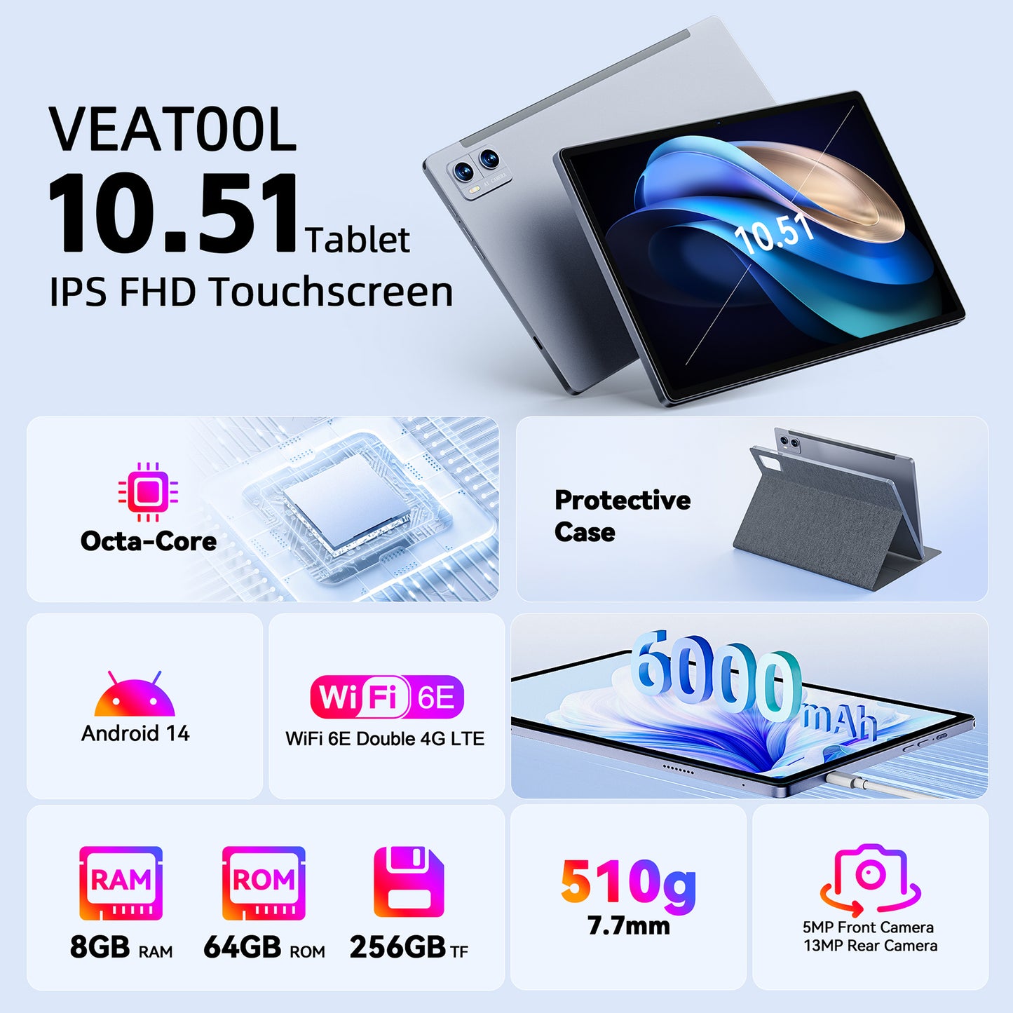 VEAT00L Android 14 Tablet ,10.51inch Tablets, Octa Core, 8GB RAM +64GB ROM ( 256GB Expand ), FHD IPS 1920 * 1200,6000mAh Battery, 2.4/5Ghz WiFi,GPS, Dual Sim Slot,Case&Stylus,Widevine L1,Split Screen
