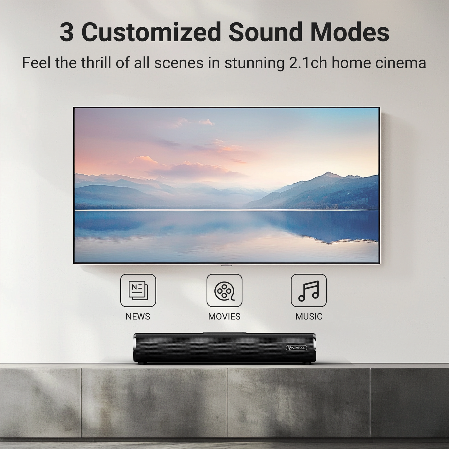VEATOOL Soundbar for Smart TV, 50Watts-16 Inches Small Bluetooth Sound Bar with Built-in Subwoofer,3D Surround Sound System TV Sound Bar, OPT/HDMI/AUX/USB Connection, 3EQS, Wall Mountable