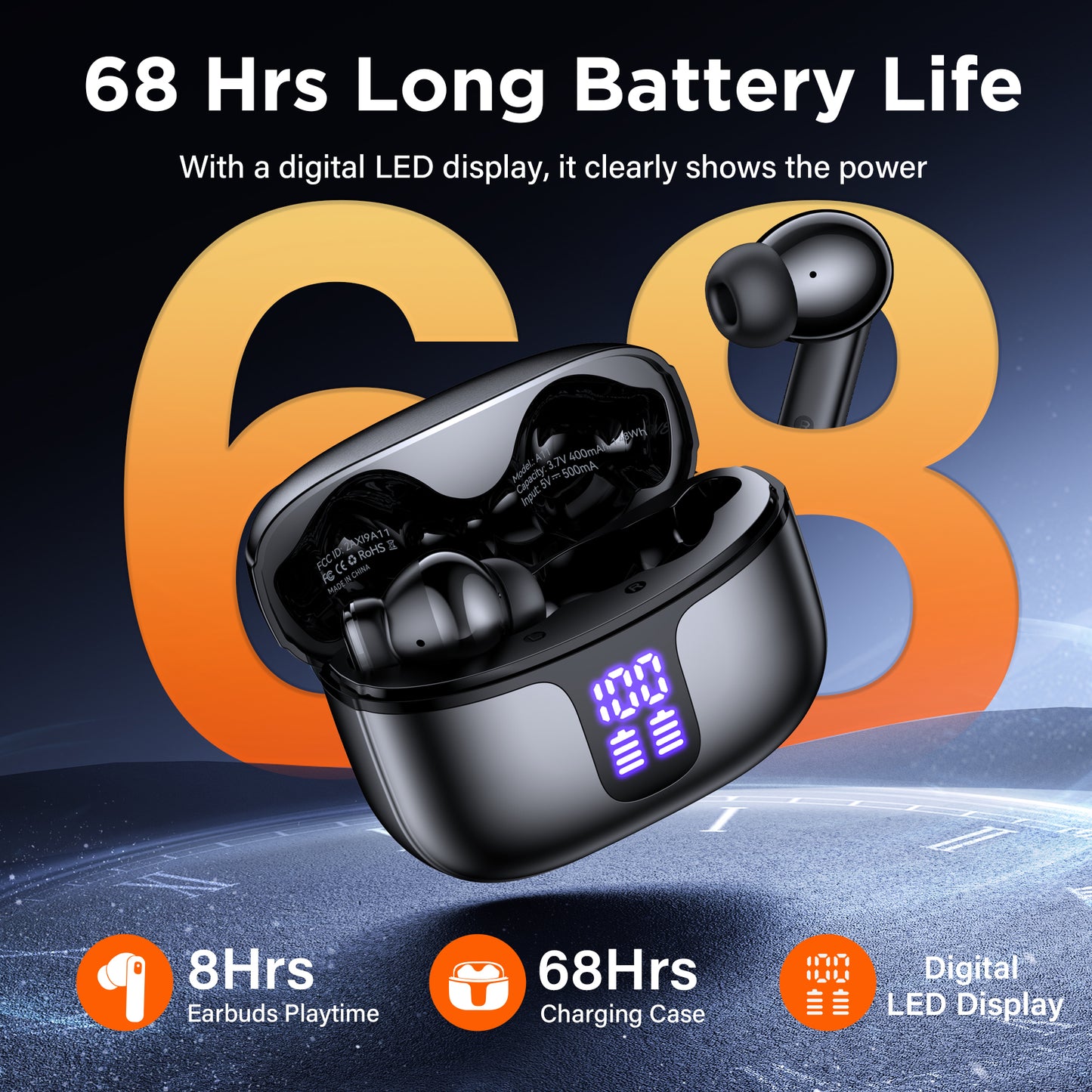 VEAT00L A11 Wireless Earbuds, Bluetooth 5.4 Earbuds Hi-Fi Stereo Bass 68H Playback LED Power Display Earphones with Mic IPX7 Waterproof in-Ear Earphones for TV Smart Phone Laptop Computer Sports