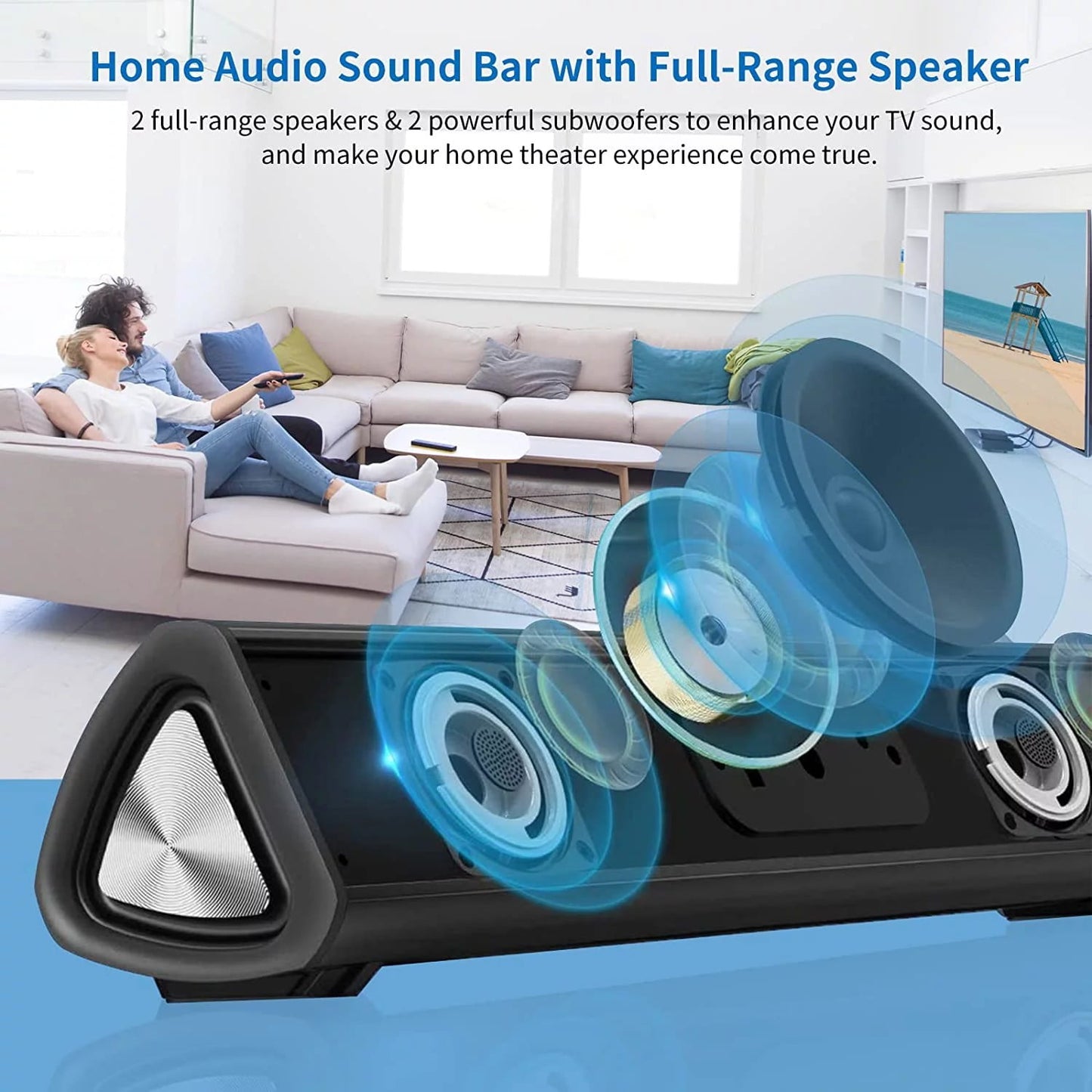 VEAT00L Sound Bar for TV, Soundbar with Subwoofer, Wired & Wireless Bluetooth 5.0 3D Surround Speakers, Optical/AUX/RCA/USB Connection, Wall Mountable, Remote Control