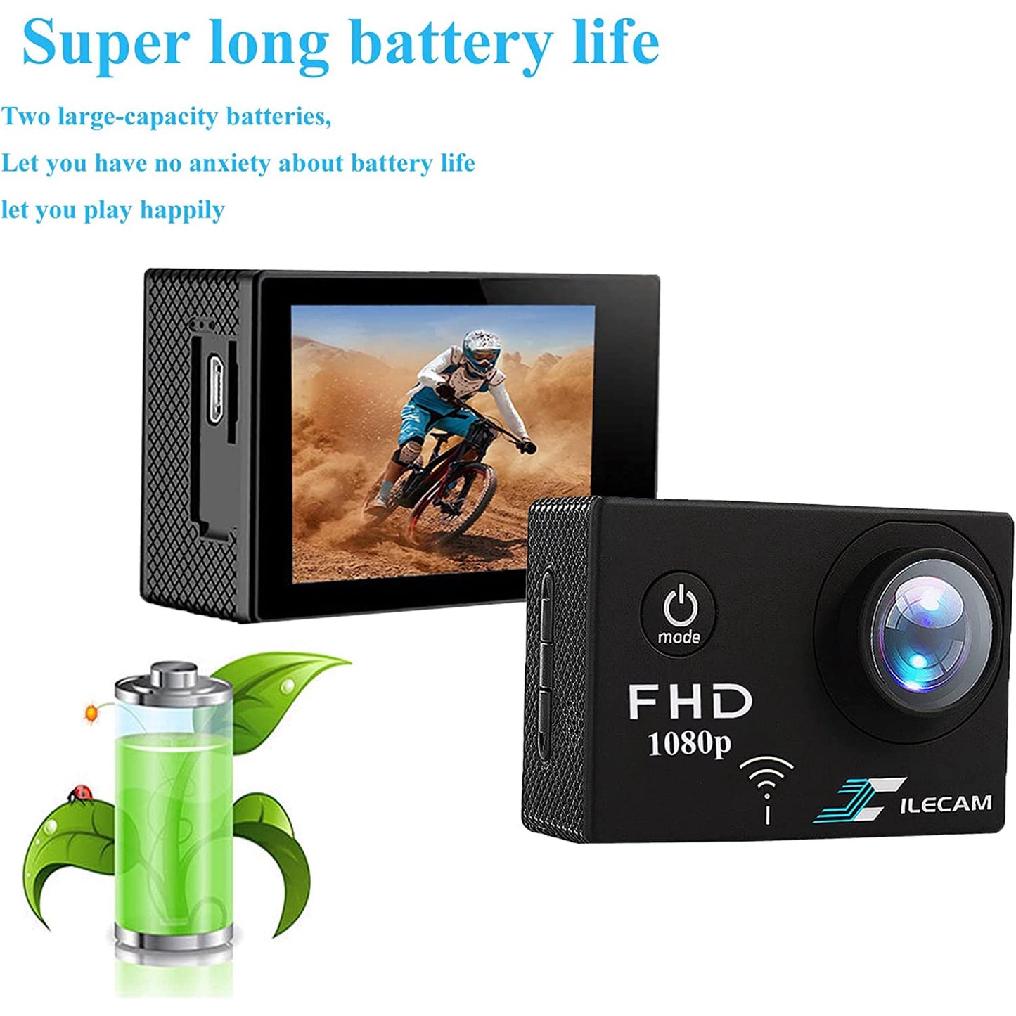 Action Camera 1080P 30fps WiFi Action Camera HD 2.0 Inch Action Camera 40m/131ft Underwater Waterproof Snorkel Surf Camera with 2 Batteries and Multi-Function Accessory (1080P)