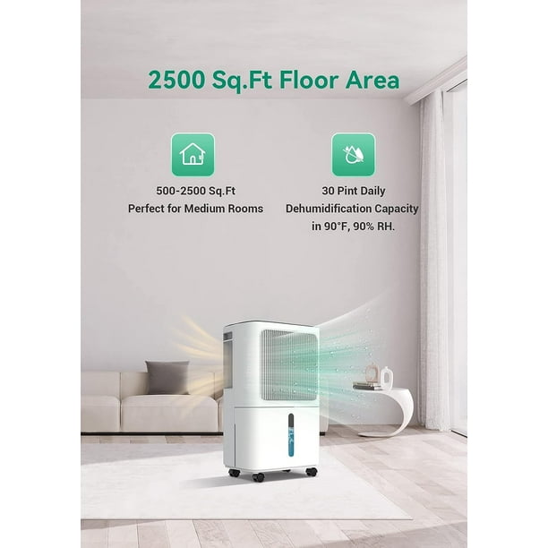 30 Pint Dehumidifiers for Home with Drain Hose, KDMLR 2,500 Sq.Ft Dehumidifier for Basement, Large Room, Bathroom, Three Operation Modes, Intelligent Humidity Control, Dry Clothes, 24HR Timer