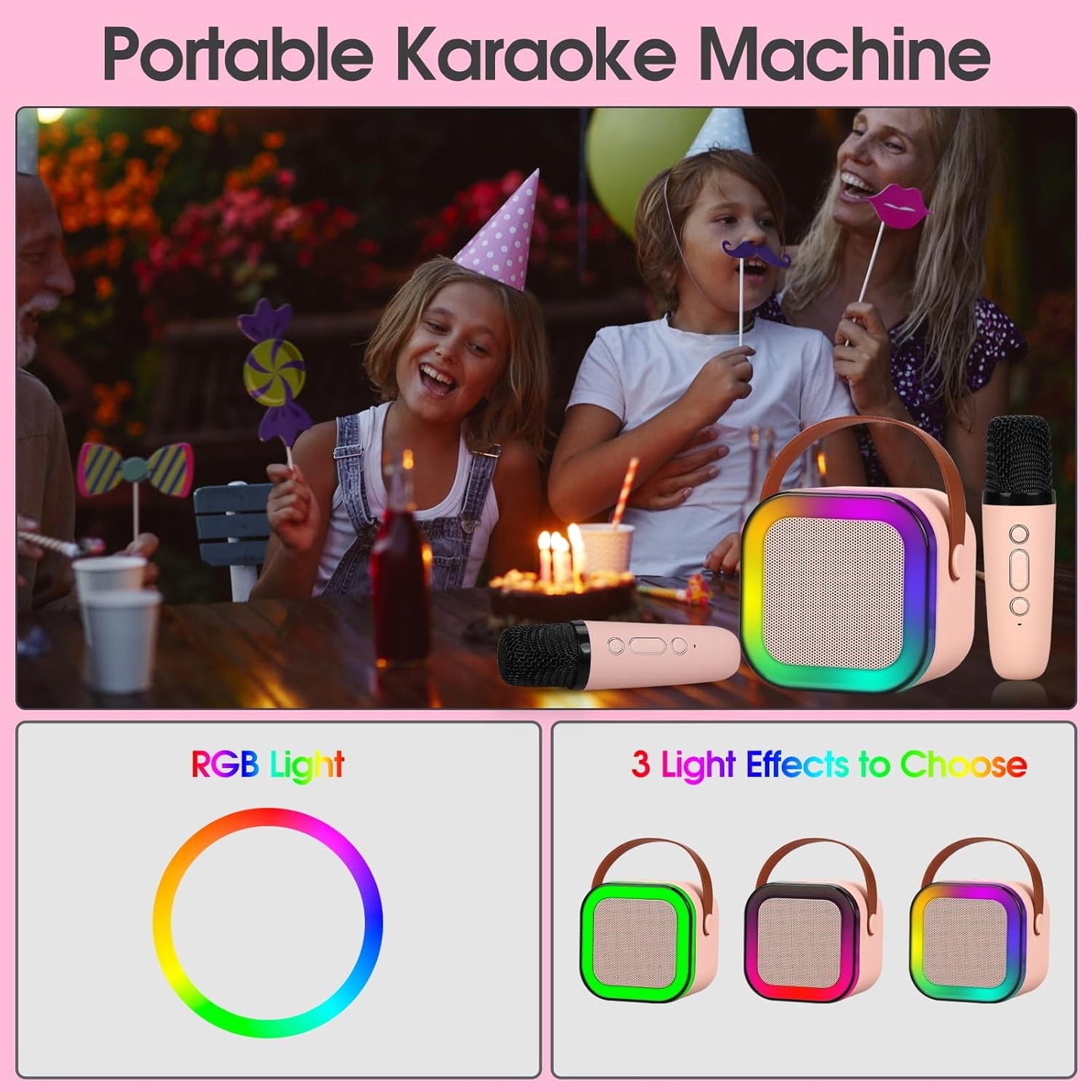 XANLUOER Karaoke Machine for Kids and Adults, Mini Portable Bluetooth Speaker with Microphones and Lights(Pink)