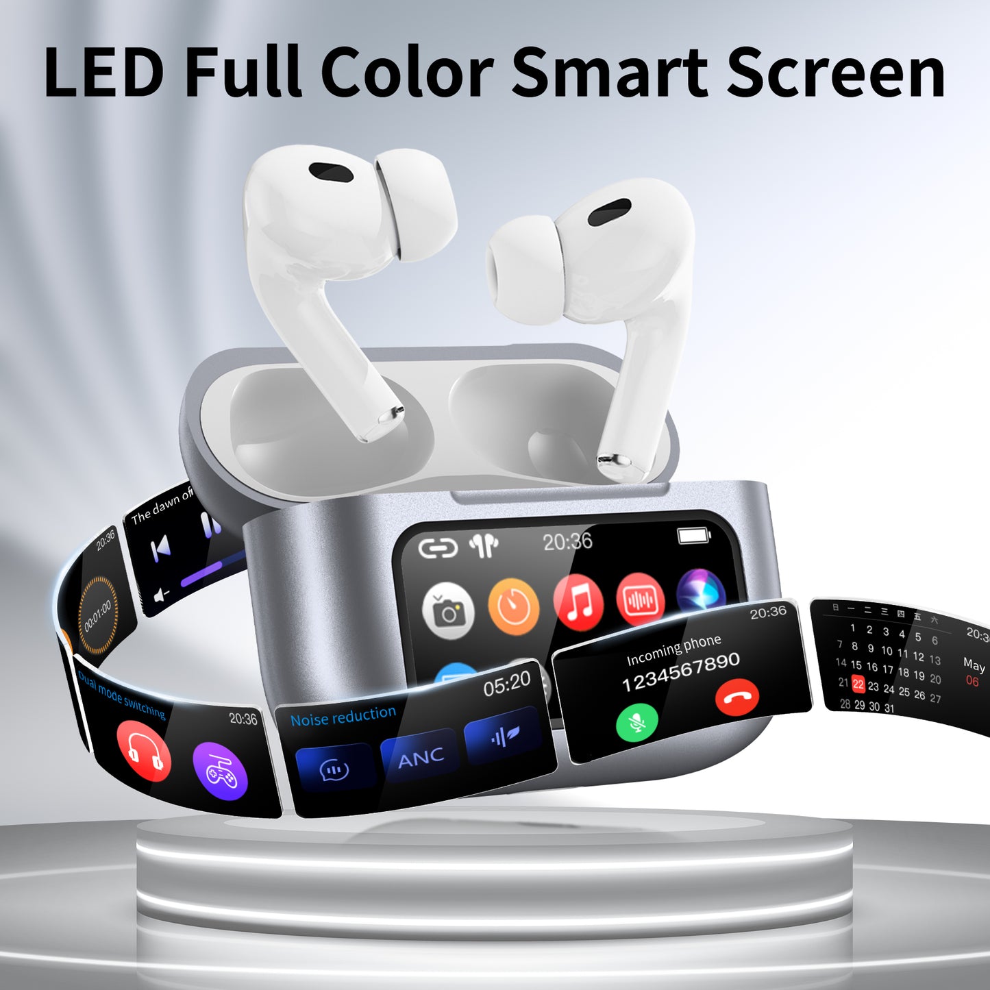 Wireless Bluetooth Touchscreen Earbuds,75H Bass Stereo Ear Buds with 6 EQ Modes,Multifunction LED Full Color Touchscreen Wireless Earphones with ENC Mic,ANC Noise Cancelling/Transparency Mode