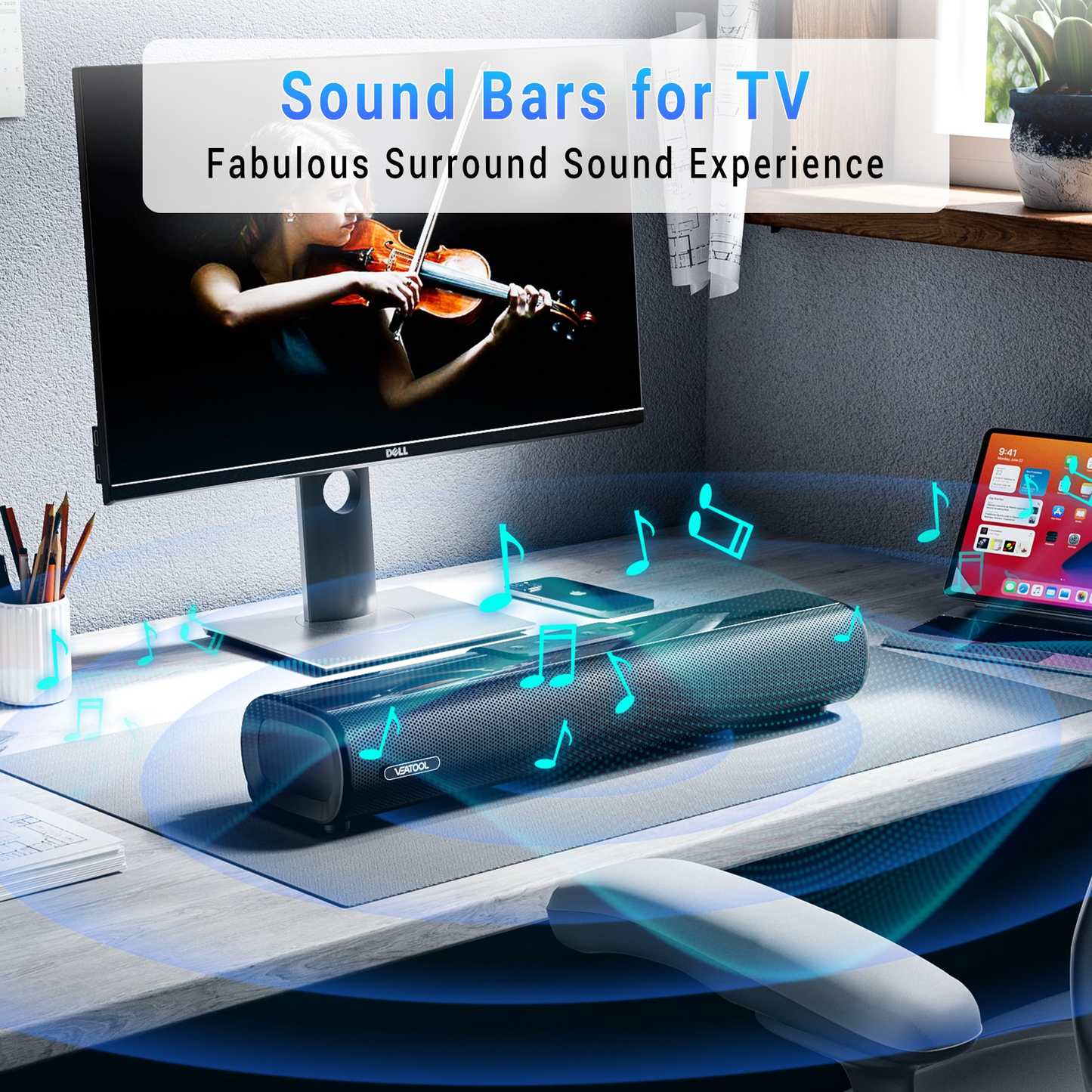 Veatool S10 TV Soundbar, 40Watts-16 Inches Small Bluetooth Sound Bar with Optical, AUX and USB Input