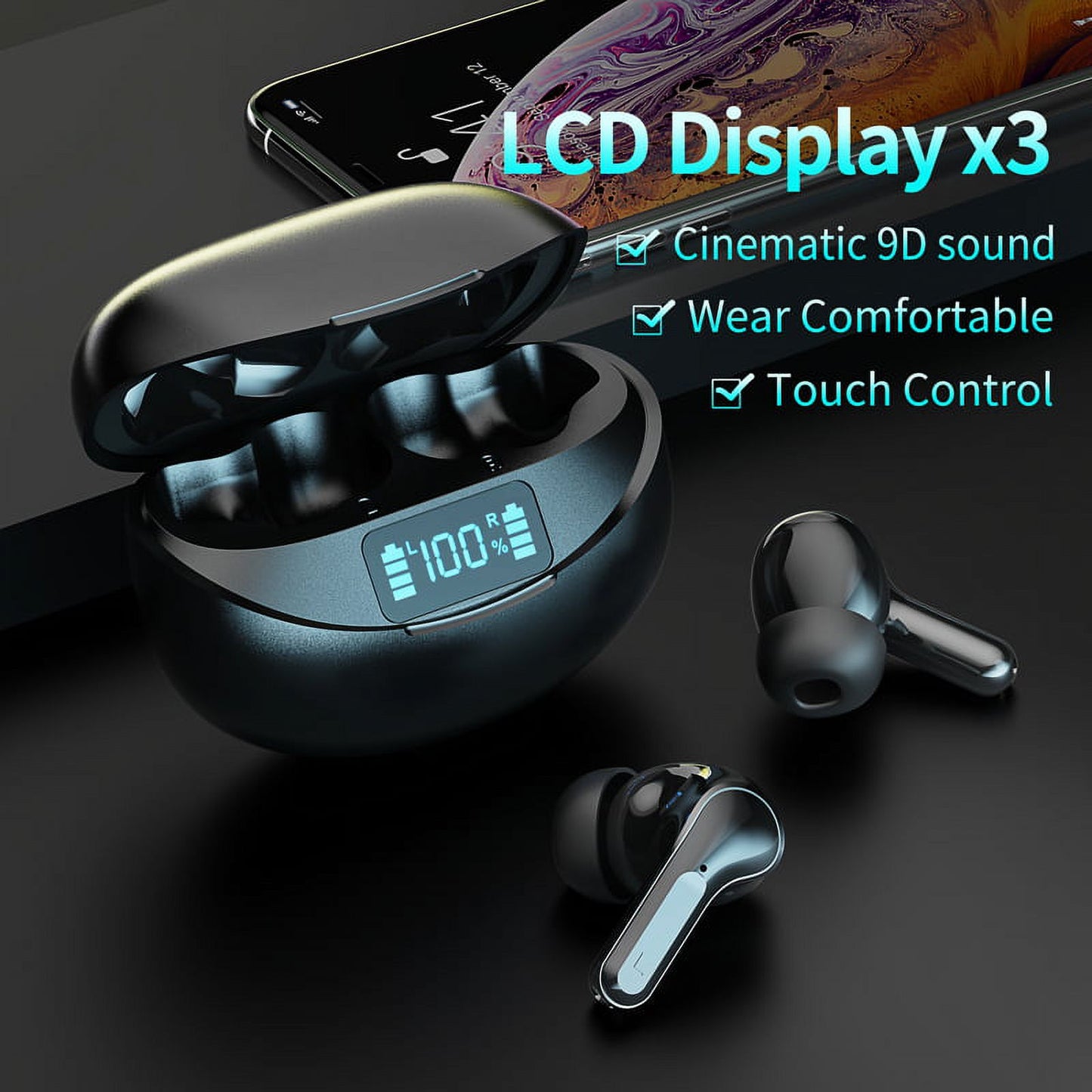 Wireless Earbuds, Bluetooth Headset with Microphone Touch Control , Bluetooth Headphones with Wireless Charging Case & LED Power Display, High-Fidelity Stereo Earphones for Sports and Work