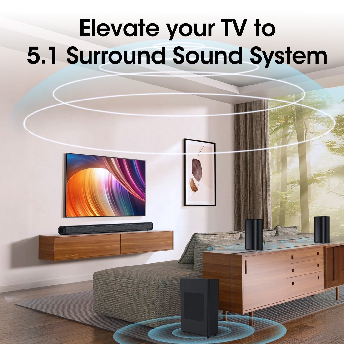 VEAT00L S60L 5.1ch Sound Bars with Wireless Subwoofer,Bluetooth 5.3 3D Surround Speakers for TV,2 Rear Surround Sound Speakers,Optical/HDMI/AUX/COAX/ARC/USB Connection (Adapters Sold Separately)