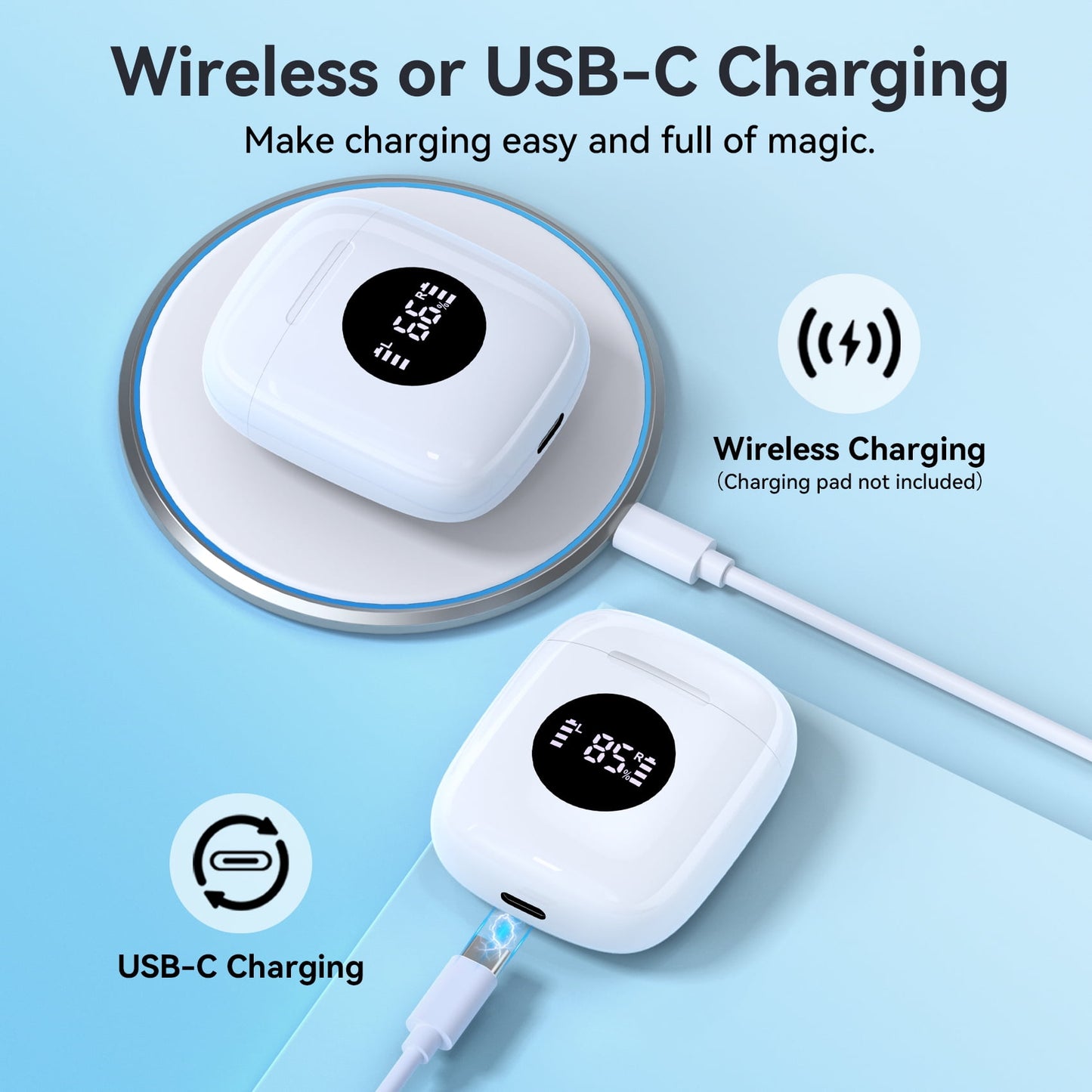 VEAT00L True Wireless Earbuds, TWS Bluetooth Headphones Stereo Sound Earphones, 50H Playtime Wireless Charging Case & Power Display,Built in microphone, waterproof and sweat proof