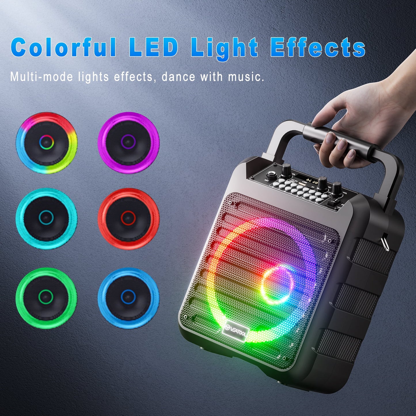 VEATOOL Karaoke Machine, Portable Bluetooth Speaker with 2 Wireless Microphones, PA System for Adults Kids with LED Lights, Supports REC/AUX/USB/TF for Home Party