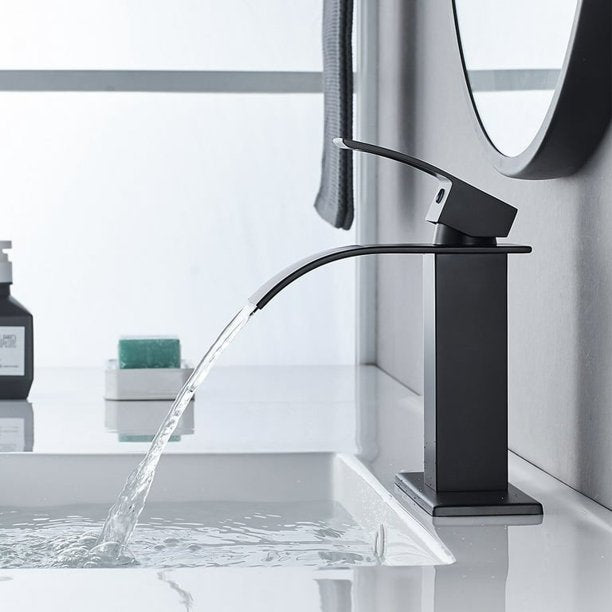 KDMLR Black Single Handle Deck Mounted Brass Waterfall Bathroom Faucet,Hot and Cold Water Mixer Tap Easy to install, suitable for bathroom, kitchen, and dressing table
