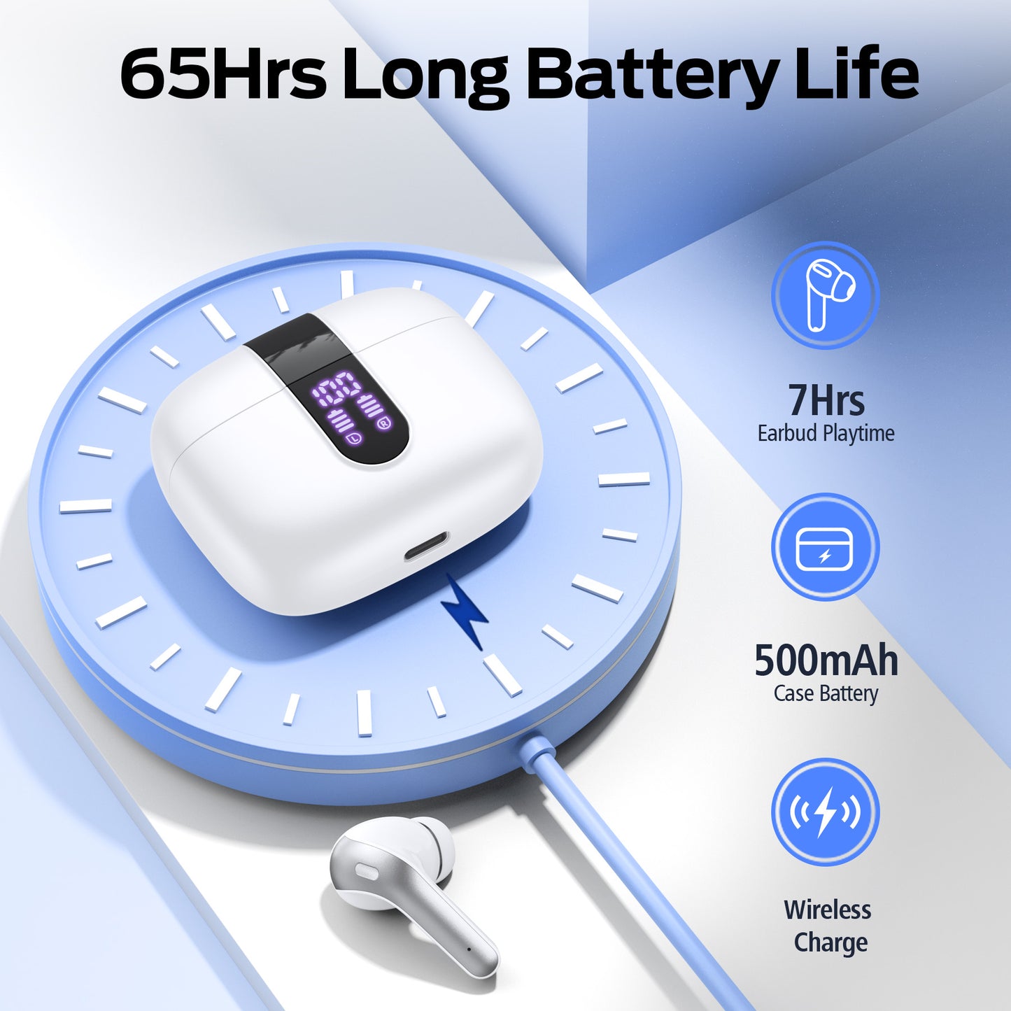 VEAT00L Bluetooth Headphone True Wireless Earbuds 60H Playback LED Power Display Earphones with Wireless Charging Case IPX5 Waterproof in-Ear Earbuds with Mic for TV Smart Phone Computer Laptop Sports