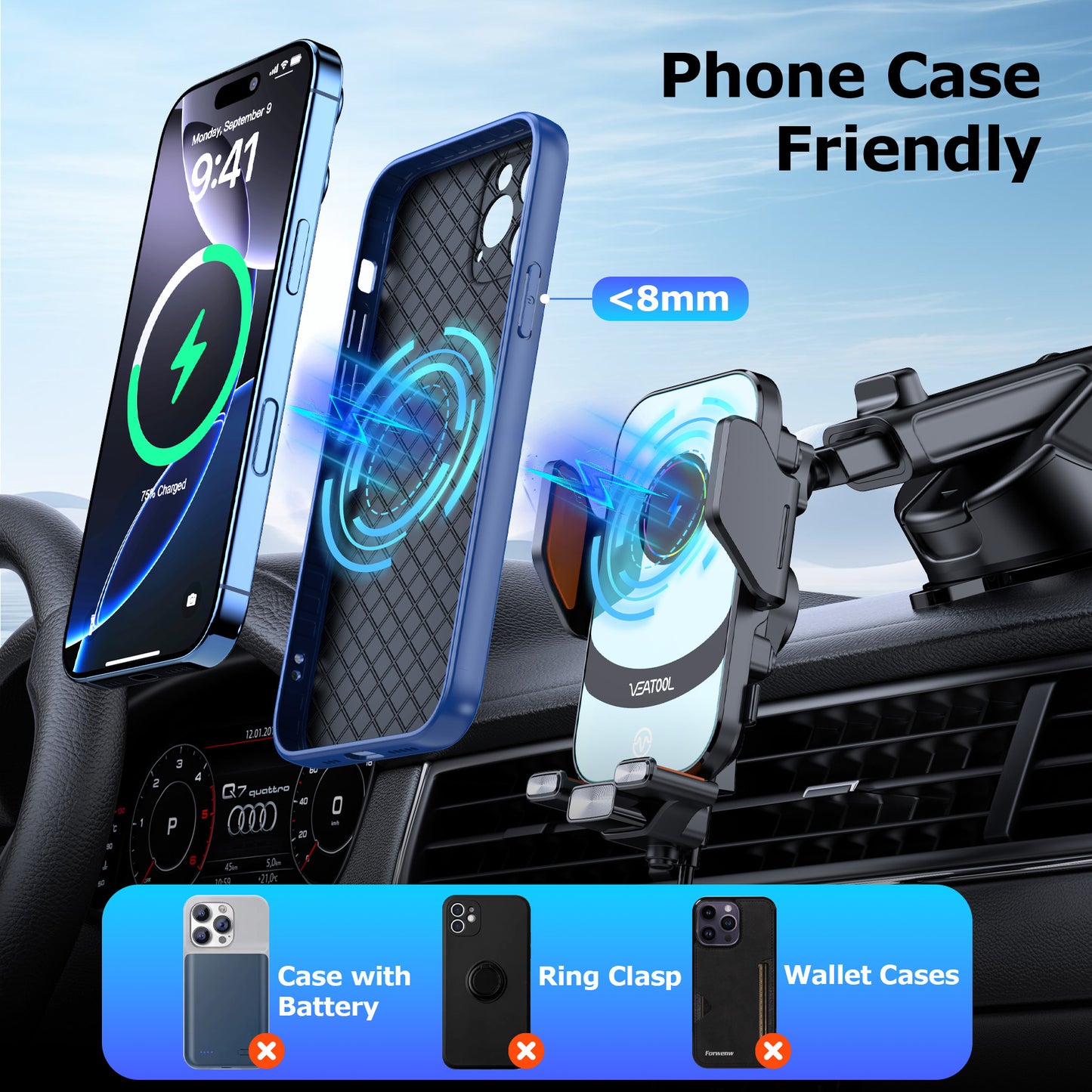 VEAT00L C16s Wireless Car Charger,15W Fast Charging Auto Clamping Car Charger for Dash Windshield Air Vent Compatible,Hands-Free Phone Holder Car Mount for iPhone 16 15 14, Samsung Galaxy,Google, etc