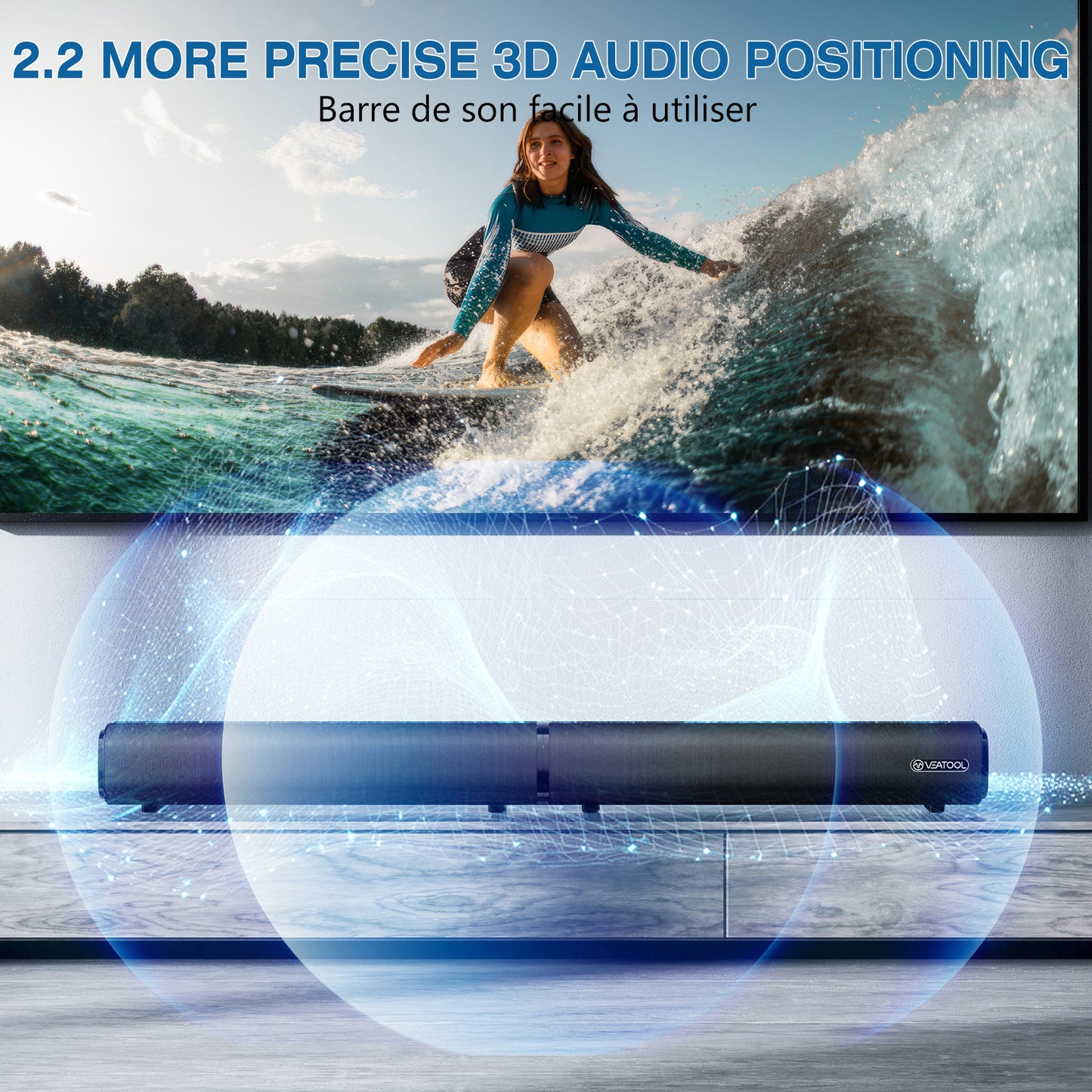 VEAT00L 2.2ch Sound Bar, 100W Bluetooth 5.0 Sound Bars for Smart TV, 3D Surround Sound System with Powerful Bass,Home Theater Speakers with USB/Optical/AUX, TV Speakers Soundbars with Split Design