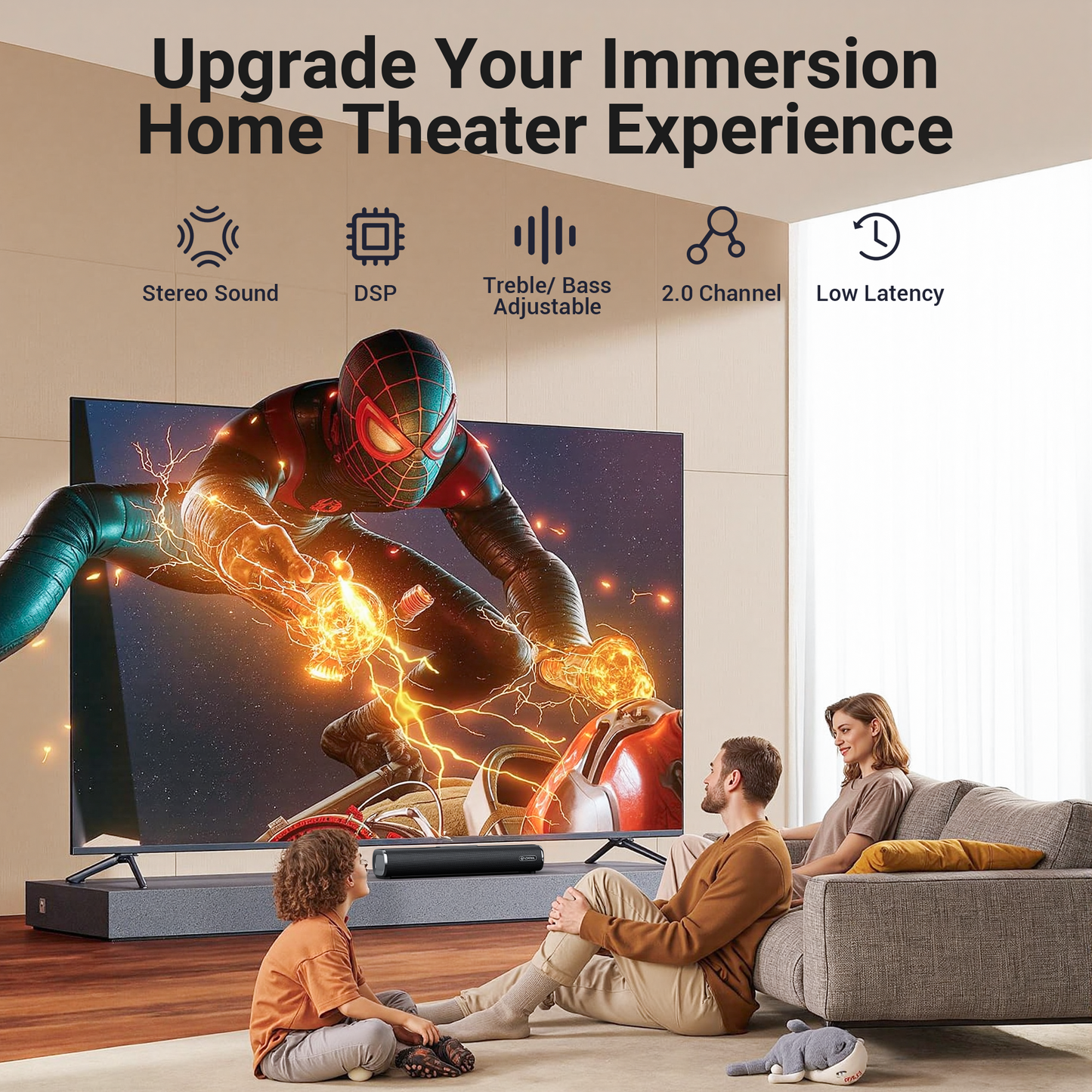 VEATOOL Soundbar for Smart TV, 50Watts-16 Inches Small Bluetooth Sound Bar with Built-in Subwoofer,3D Surround Sound System TV Sound Bar, OPT/HDMI/AUX/USB Connection, 3EQS, Wall Mountable