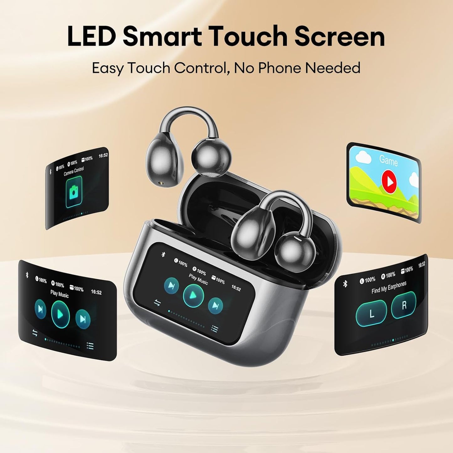 VEATo0L Open Ear Clip-On Earbuds, LCD Touch Screen,Bluetooth 5.4 Sports Earphones,ENC Call Noise Cancelling Earphones with Mic,Ear Clip Earbuds,Bass Boost,IPX7 Waterproof,60H Playtime,Lightweight