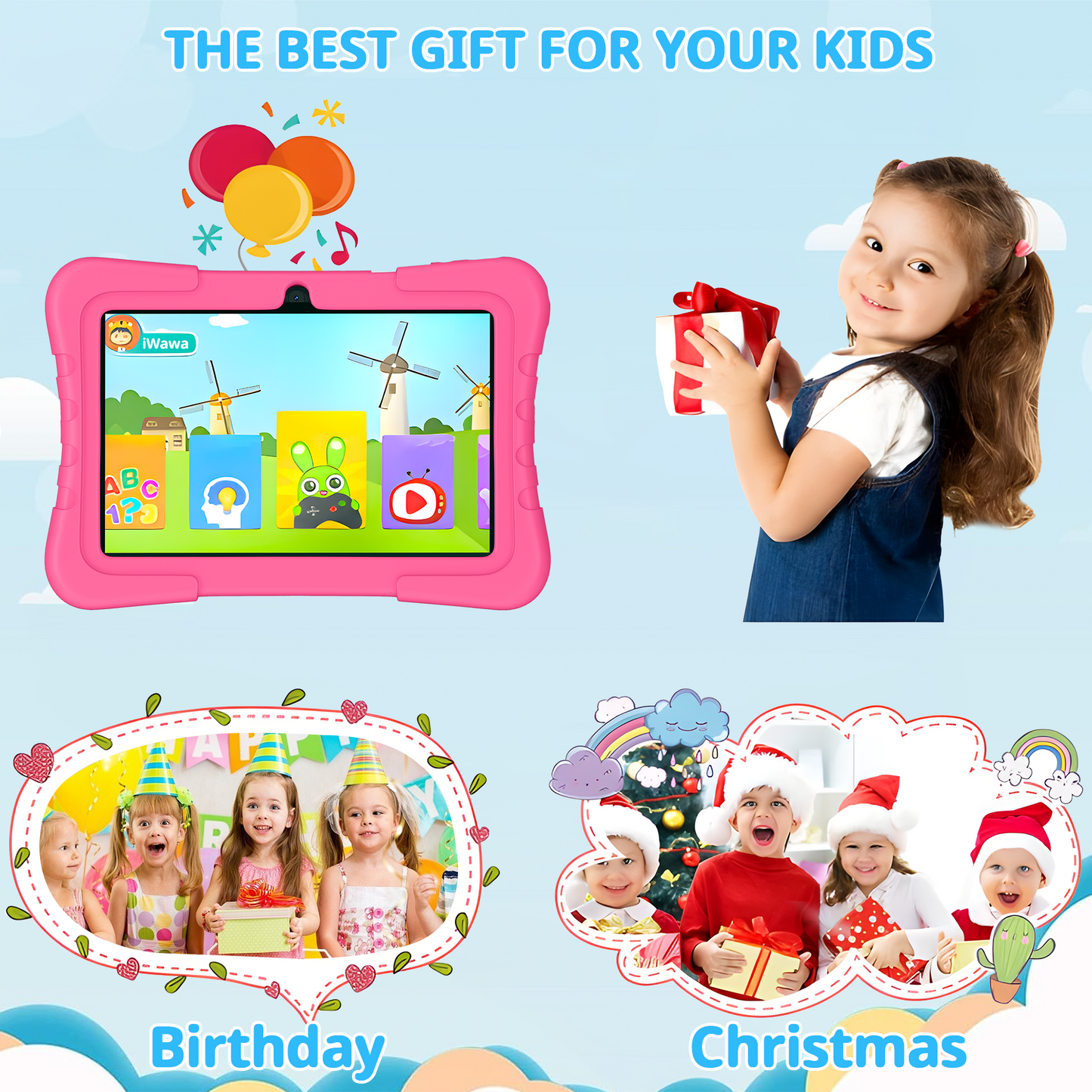 OKE Android 12 Kids Tablet, 7" Tablet for Kids, 32GB (Expandable to 128GB),Quad-Core,Educational Learning, Parental Control,IPS Screen, Dual Camera,Shockproof Case,Toddler Tablet for Kids Age 3+,Pink