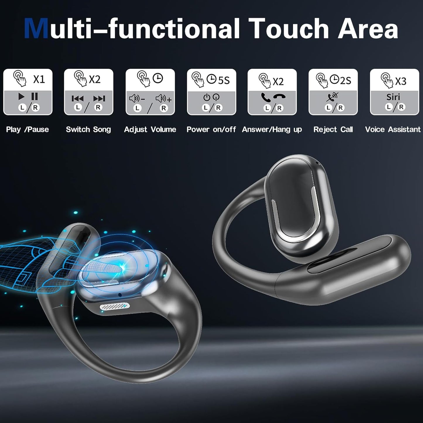 VEAT00L T5 Open Ear Headphones with Mic, Air Conduction Wireless Earbuds with LED Digital Display 40 Hrs Playtime,Clear Call ,Fast Charing,IPX7,Bluetooth 5.4 Open Ear Earbuds for Running, Workout