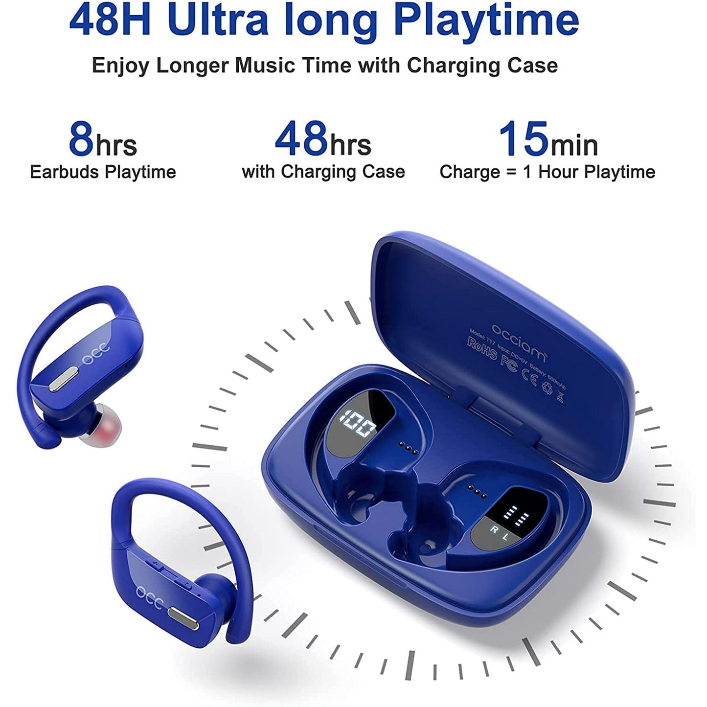 Wireless Earbuds Bluetooth Headphones 48H Play Back Earphones in Ear Waterproof with Microphone LED Display for Sports Running Workout