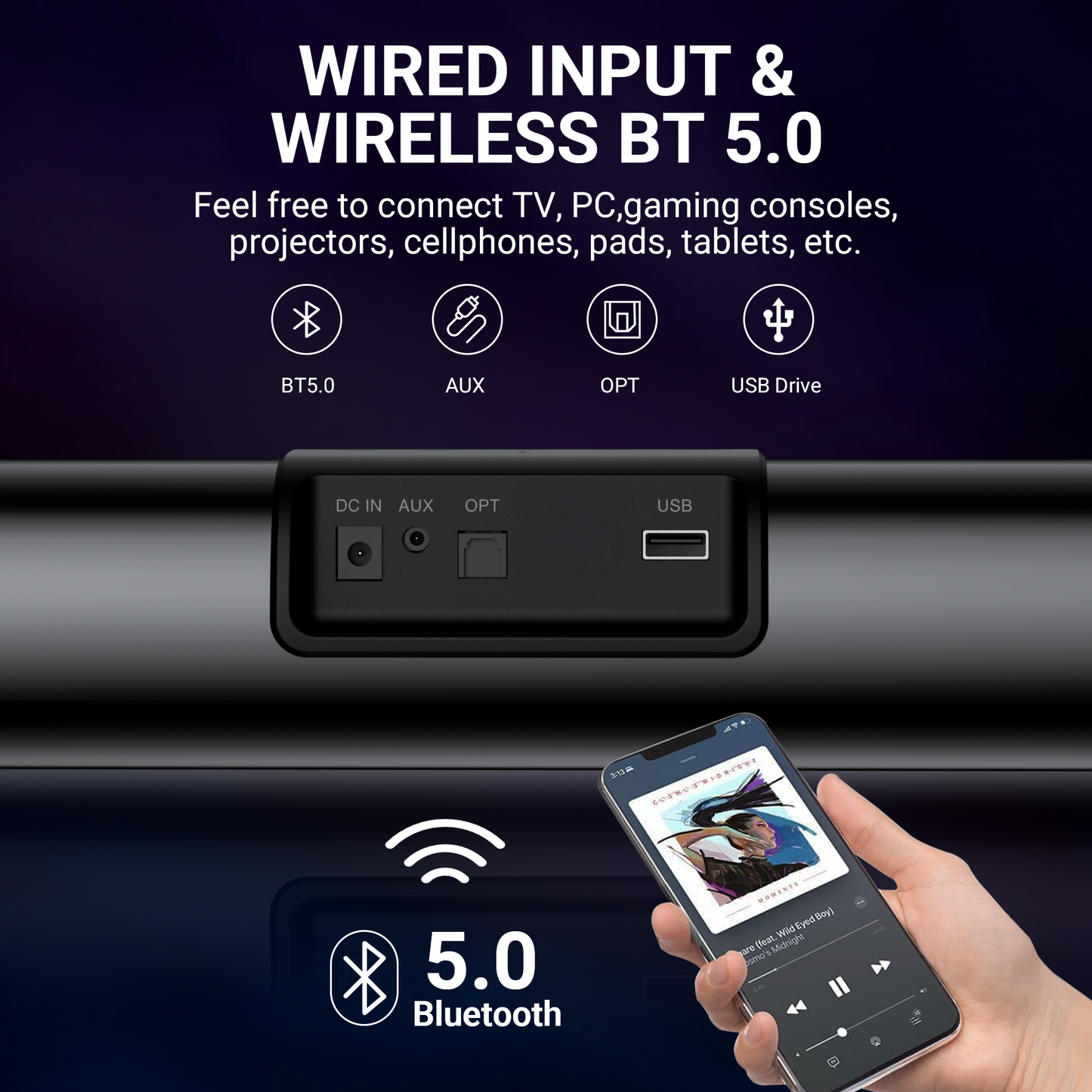VEATOOL Soundbar for Smart TV, 50Watts-16 Inches Small Bluetooth Sound Bar with Built-in Subwoofer,3D Surround Sound System TV Sound Bar, OPT/HDMI/AUX/USB Connection, 3EQS, Wall Mountable