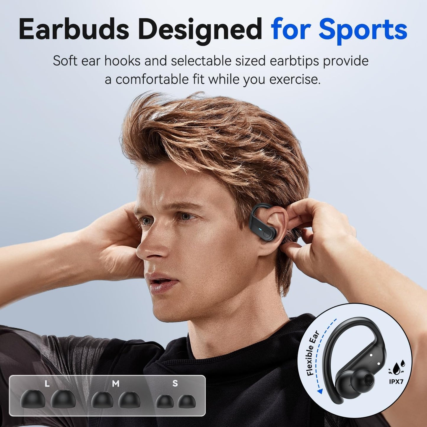 VEATOOL T8 Wireless Earbuds Bluetooth Headphones Sport, 2025 Bluetooth Earbuds Stereo Ear Buds, Noise Cancelling Mic, IPX7 Waterproof Headset for Workout/Running Black