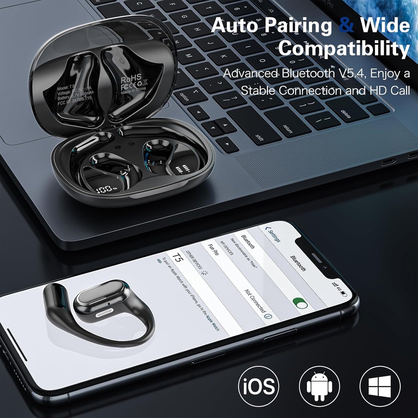 VEAT00L T5 Open Ear Headphones with Mic, Air Conduction Wireless Earbuds with LED Digital Display 40 Hrs Playtime,Clear Call ,Fast Charing,IPX7,Bluetooth 5.4 Open Ear Earbuds for Running, Workout