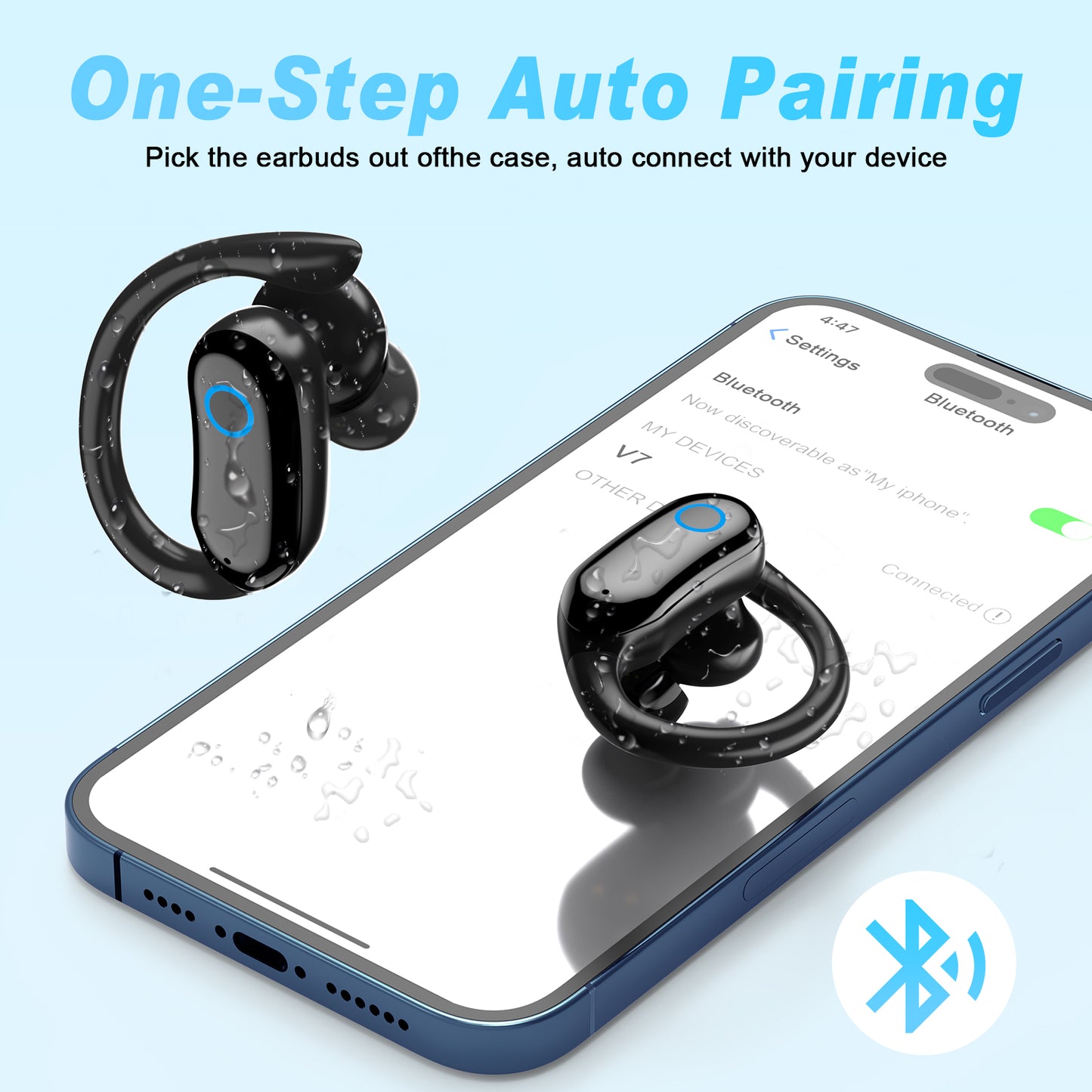 VEAT00L Bluetooth Headphones Wireless Earbuds 48hrs Playback IPX7 Waterproof Earphones Over-Ear Stereo Bass Headset with Earhooks Microphone LED Battery Display for Sports/Workout/Gym Black