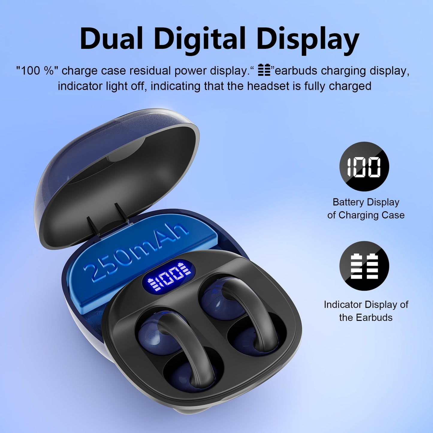 VEAT00L Open-Ear Headphones, Wireless Clip On Earbuds with Digital Display Charging Case 68 Hours Playtime, Lightweight Comfort, Stable Fit, Open-Ear Safety Design for Active and Office Use