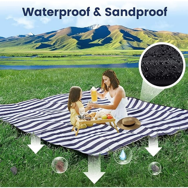 KDMLR 80”x 80” Picnic Blanket Extra Large, Waterproof and Foldable Beach Blanket, 3-Layer Outdoor Blanket for 6 to 8 Adults, for Camping, Park, Beach, Grass, Indoors…