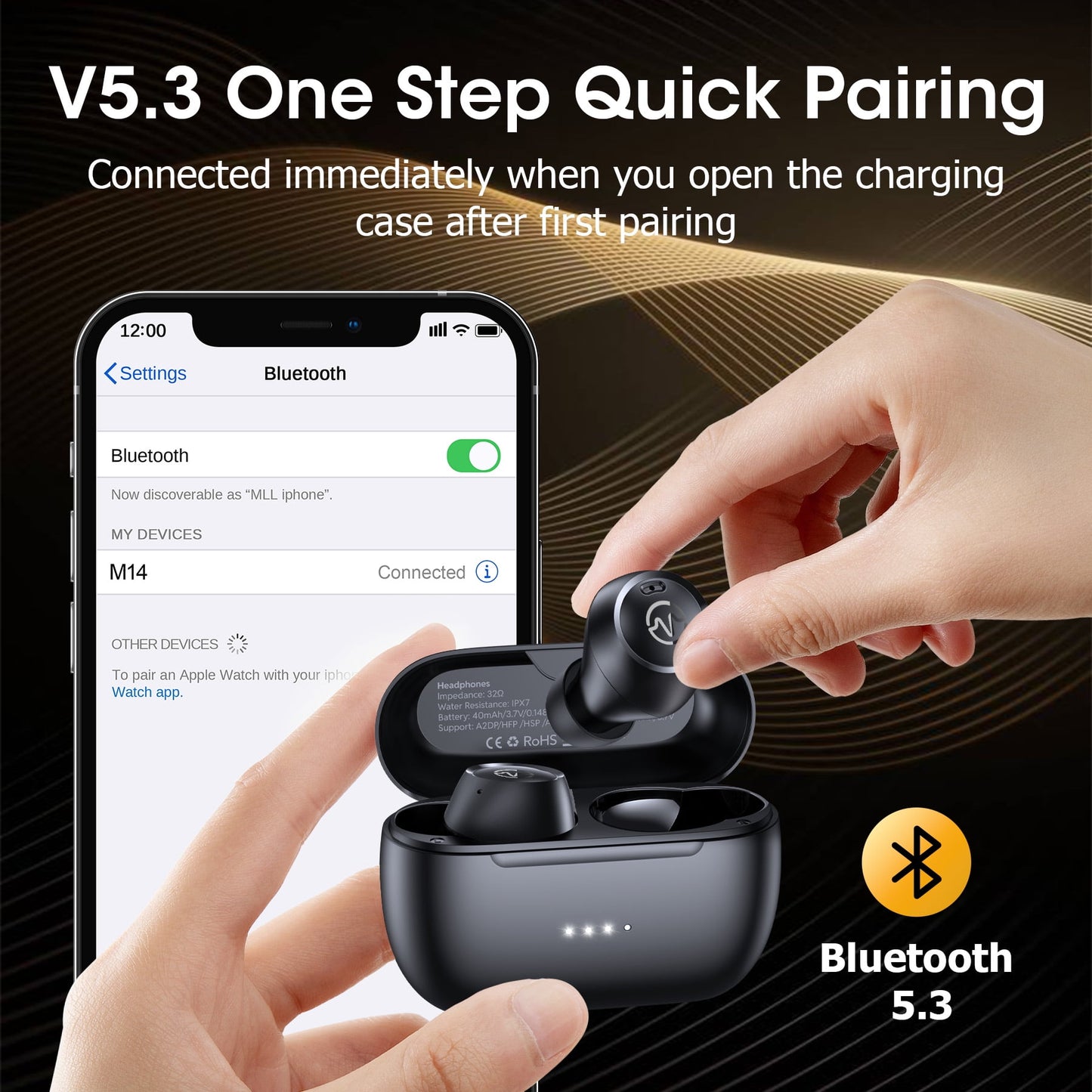 VEAT00L M14 Wireless Earbuds Bluetooth 5.3 in Ear Light-Weight Headphones Built-in Mics, 50 Hours Playtime, IPX7, Immersive Premium Sound Mini Earphones Long Distance Connection Headset