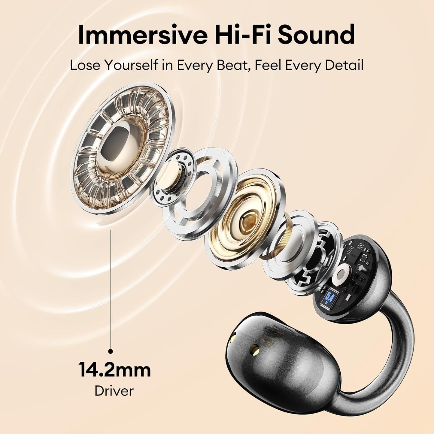 VEATo0L Open Ear Clip-On Earbuds, LCD Touch Screen,Bluetooth 5.4 Sports Earphones,ENC Call Noise Cancelling Earphones with Mic,Ear Clip Earbuds,Bass Boost,IPX7 Waterproof,60H Playtime,Lightweight