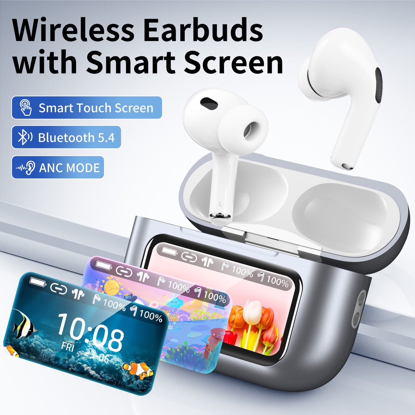 Wireless Bluetooth Touchscreen Earbuds,75H Bass Stereo Ear Buds with 6 EQ Modes,Multifunction LED Full Color Touchscreen Wireless Earphones with ENC Mic,ANC Noise Cancelling/Transparency Mode