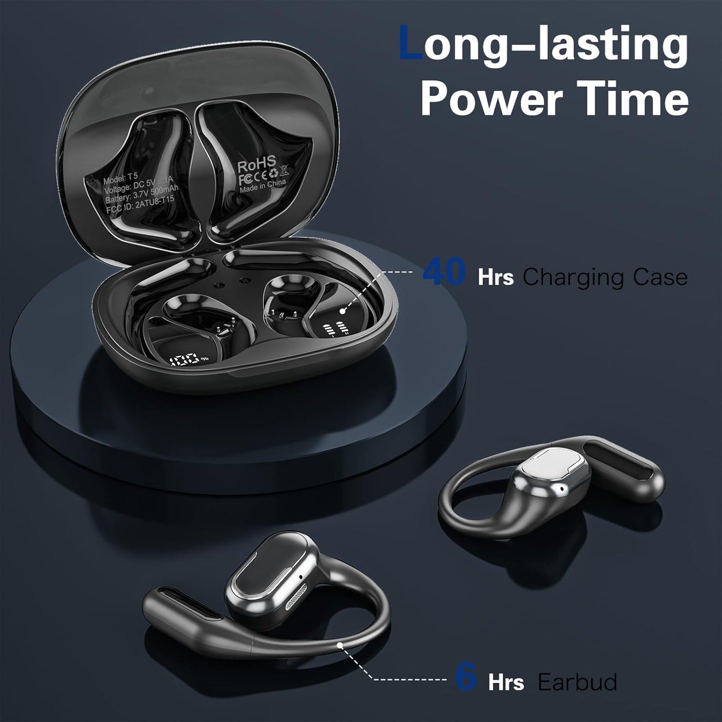 VEAT00L T5 Open Ear Headphones with Mic, Air Conduction Wireless Earbuds with LED Digital Display 40 Hrs Playtime,Clear Call ,Fast Charing,IPX7,Bluetooth 5.4 Open Ear Earbuds for Running, Workout
