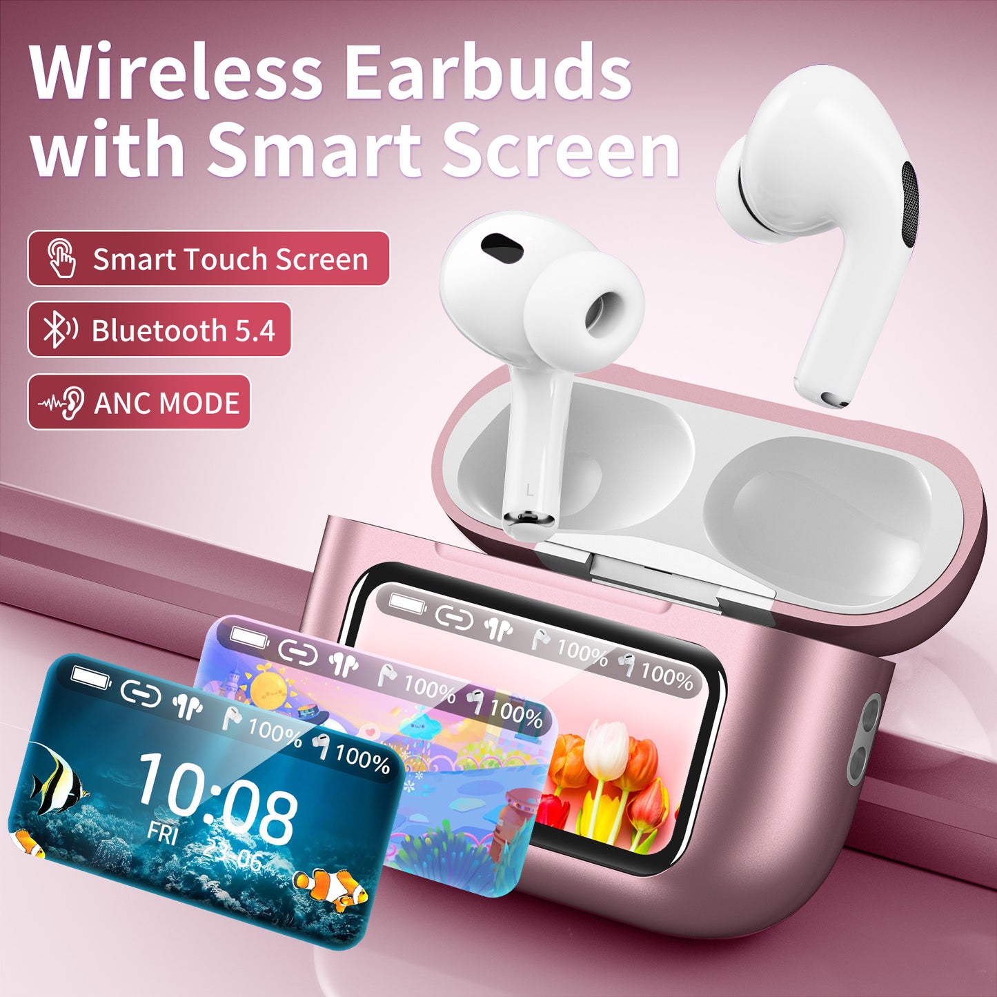 Wireless Bluetooth Touchscreen Earbuds,75H Bass Stereo Ear Buds with 6 EQ Modes,Multifunction LED Full Color Touchscreen Wireless Earphones with ENC Mic,ANC Noise Cancelling/Transparency Mode