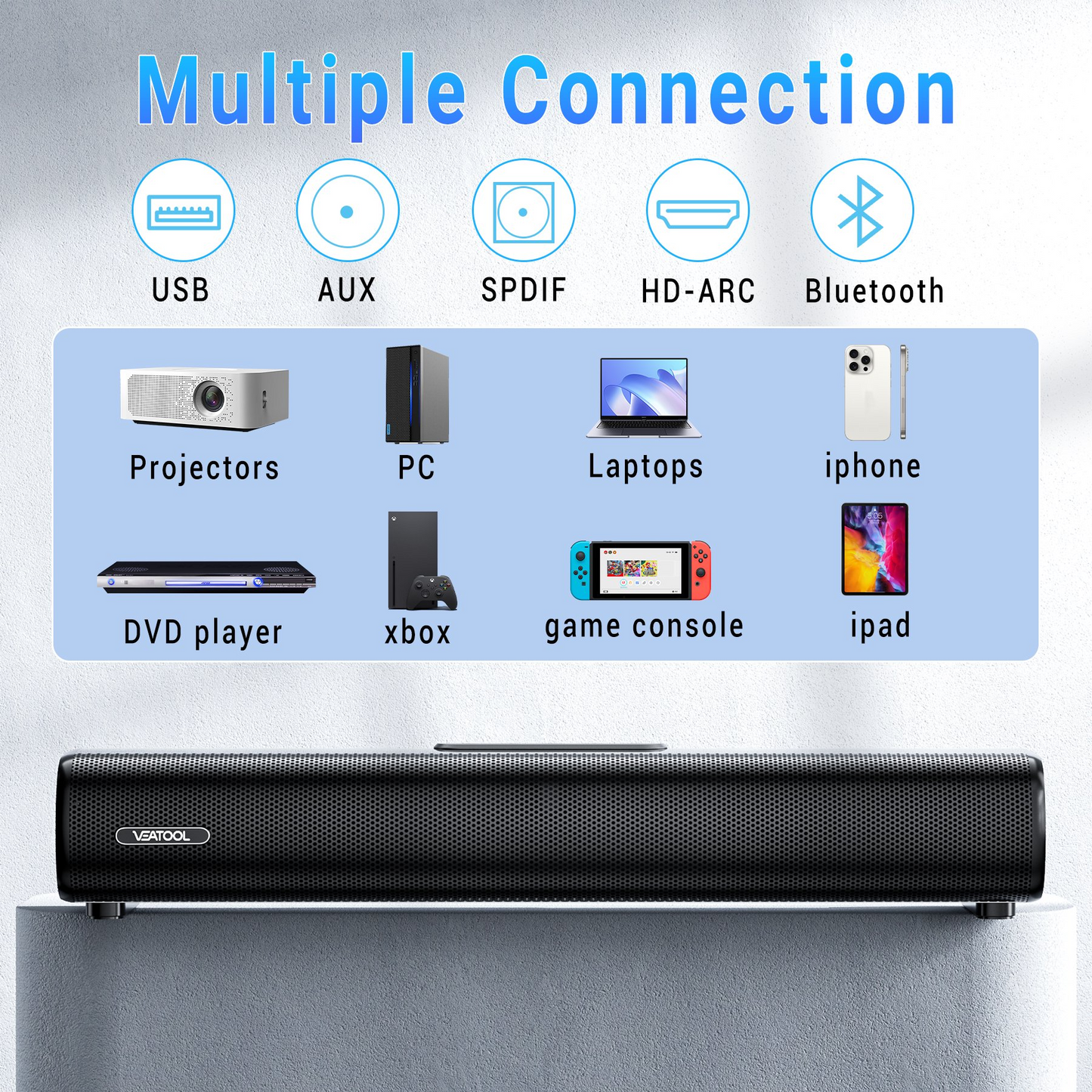 Veatool S10 TV Soundbar, 40Watts-16 Inches Small Bluetooth Sound Bar with Optical, AUX and USB Input