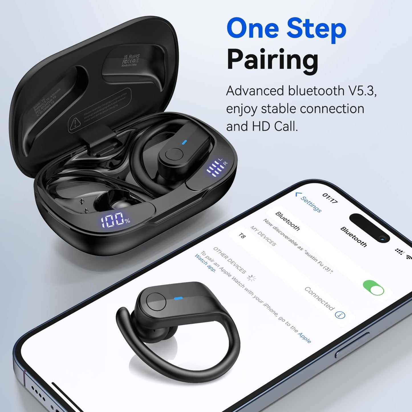 VEATOOL T8 Wireless Earbuds Bluetooth Headphones Sport, 2025 Bluetooth Earbuds Stereo Ear Buds, Noise Cancelling Mic, IPX7 Waterproof Headset for Workout/Running Black