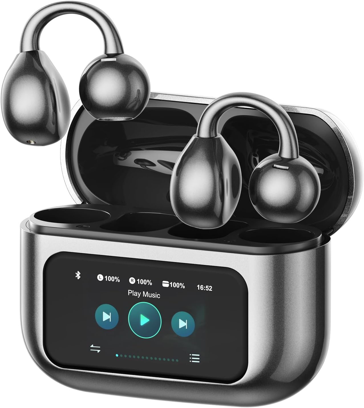 VEATo0L Open Ear Clip-On Earbuds, LCD Touch Screen,Bluetooth 5.4 Sports Earphones,ENC Call Noise Cancelling Earphones with Mic,Ear Clip Earbuds,Bass Boost,IPX7 Waterproof,60H Playtime,Lightweight