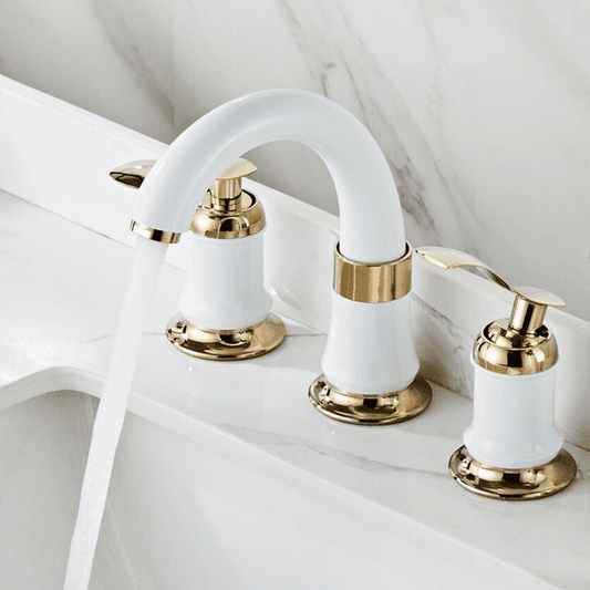 Bathroom Sink 3 Hole Faucet, KDMLR 4 Inch Ceramic White Bathroom Sink Faucet with Pop Up Drain and 2 Water Supply Hoses, Ceramic Lead Free Dual Handle Handheld Faucet for Bathroom Sink Vanity RV