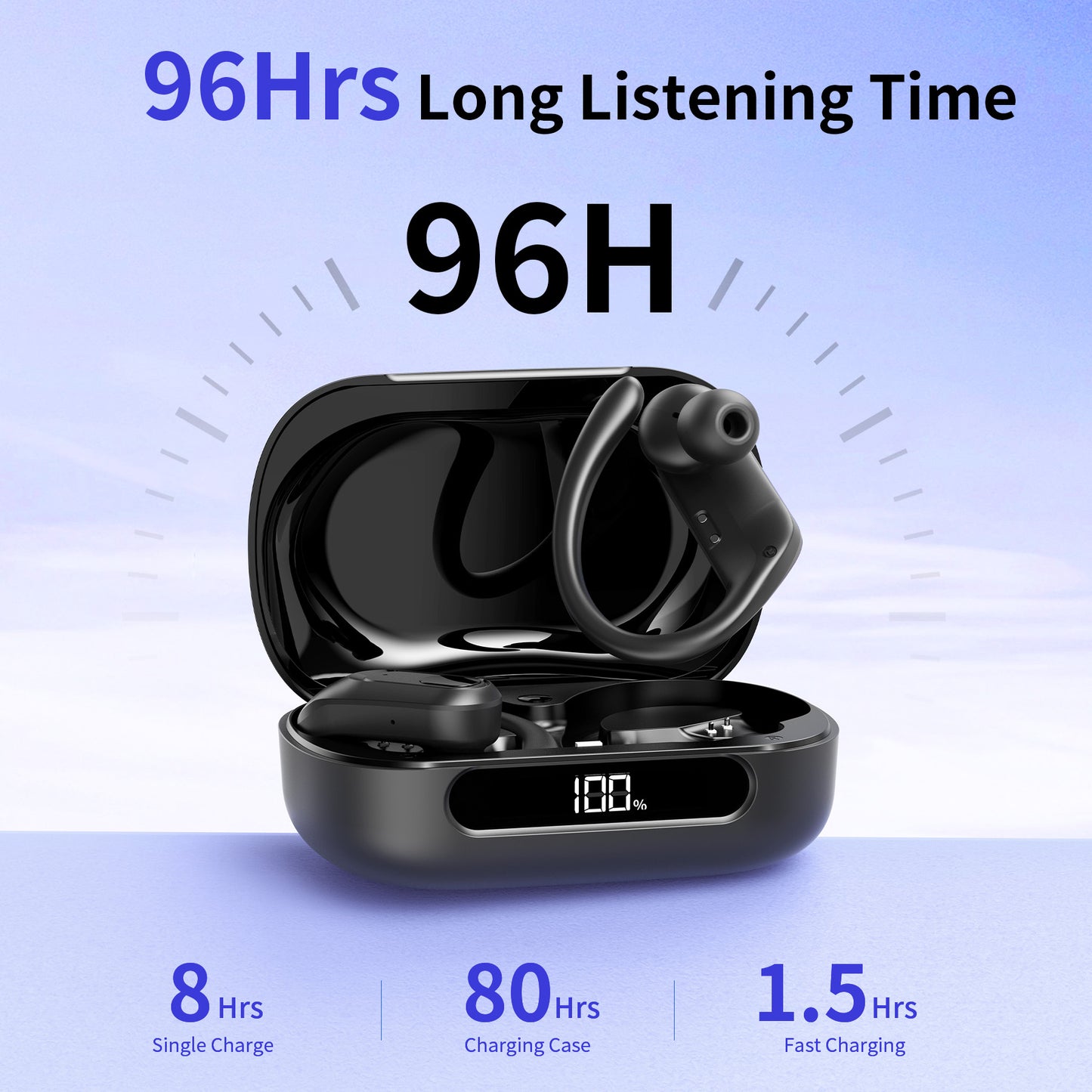 Bluetooth Headphones Wireless Earbuds 96Hrs Playback Sport Ear Buds with Earhook LED Display Charging Case IPX7 Waterproof Earbud Deep Bass Running Earphones for iOS Android Cellphone