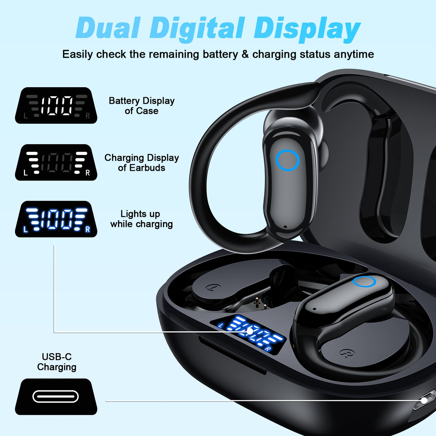 VEAT00L Bluetooth Headphones Wireless Earbuds 48hrs Playback IPX7 Waterproof Earphones Over-Ear Stereo Bass Headset with Earhooks Microphone LED Battery Display for Sports/Workout/Gym Black